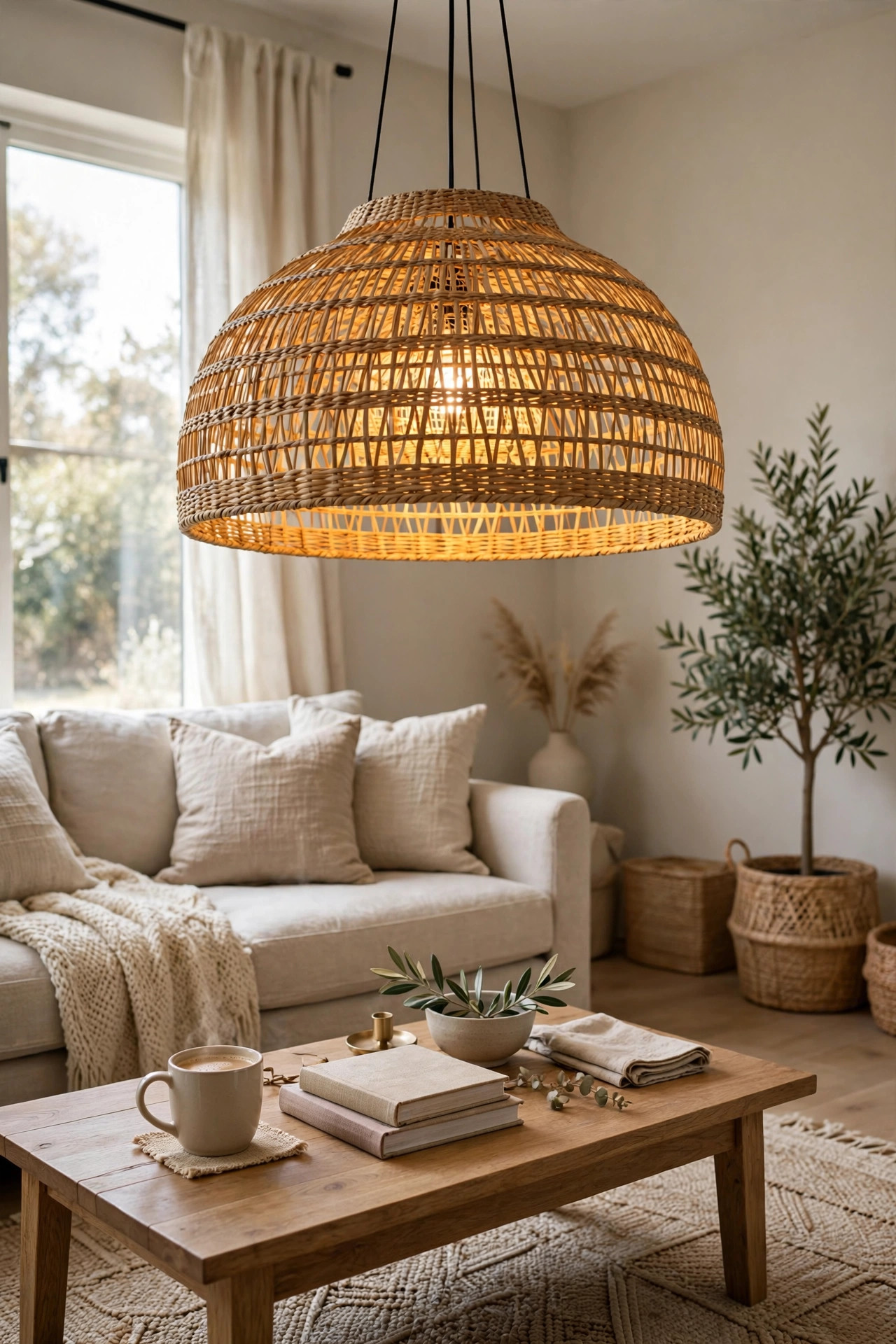 Woven rattan pendant light