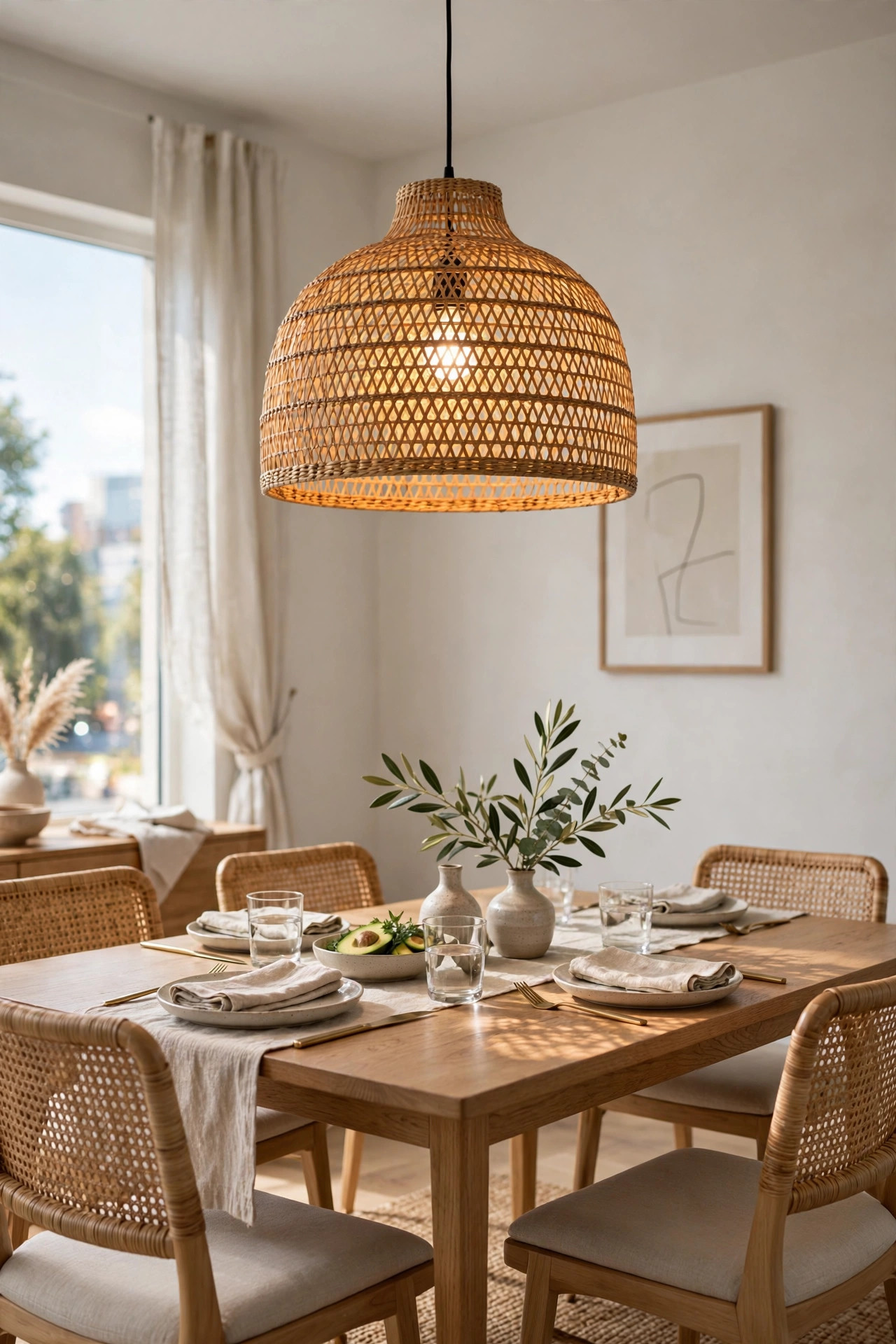 A woven rattan pendant light glowing warmly over a dining table in a neutral room.
