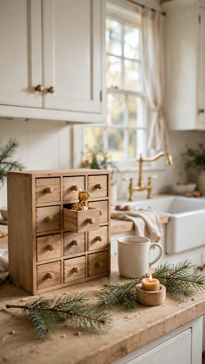 A wooden advent box with small drawers on a kitchen counter, one drawer open showing a wrapped sweet, beside a mug, pine sprigs and a lit candle.