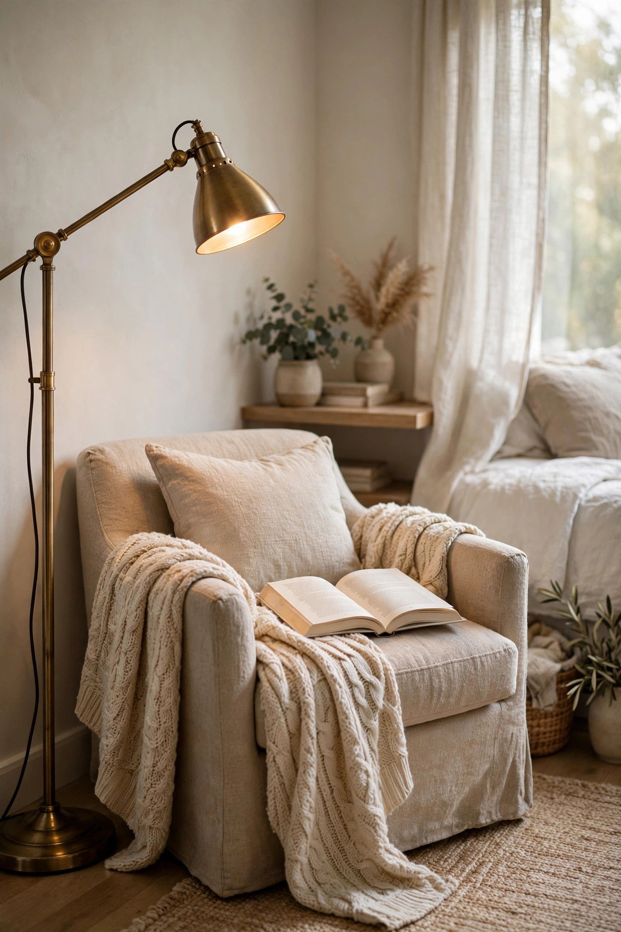 A brass swing arm floor lamp extended over an armchair with an open book and knit throw in a reading nook.