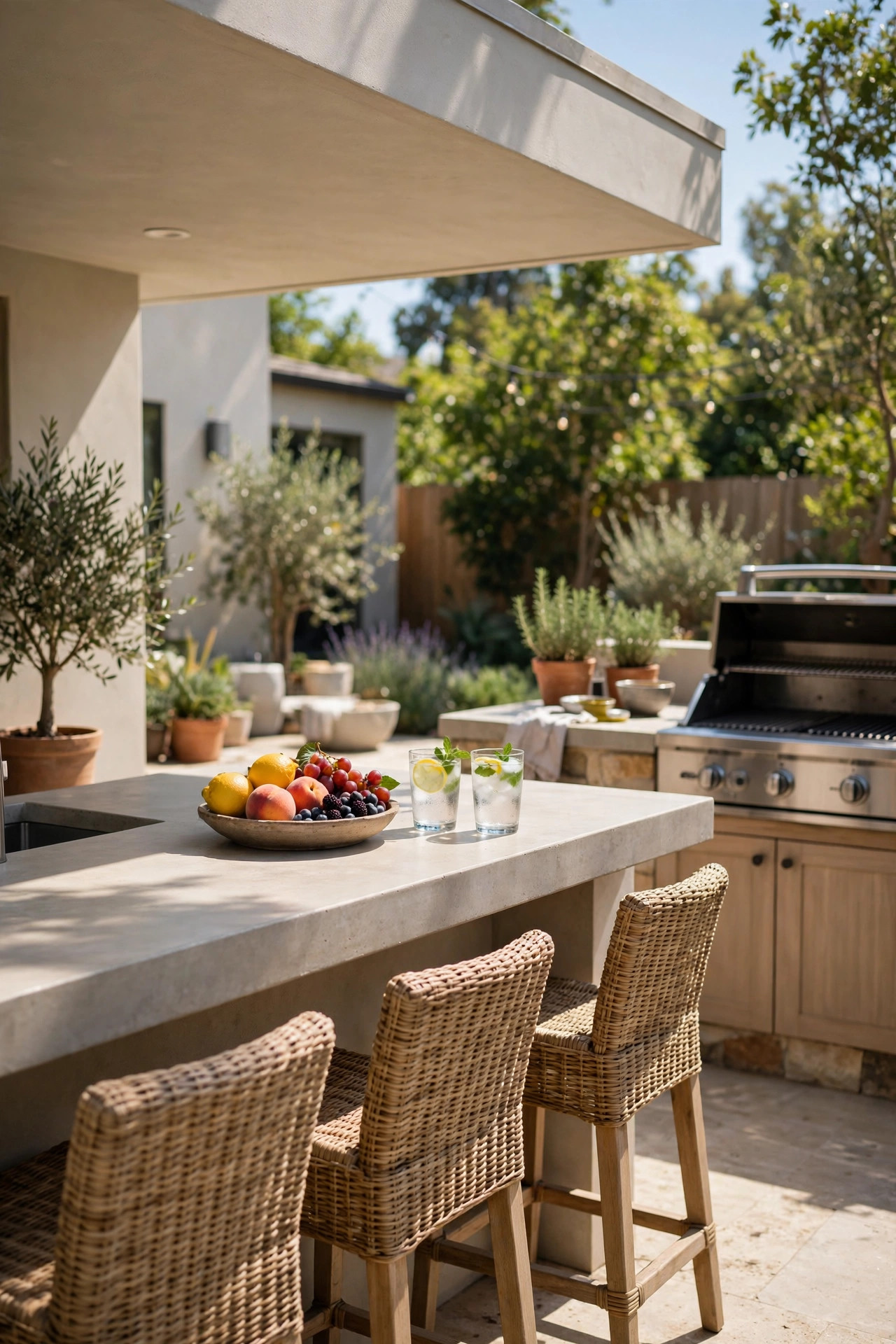 Stone counter with a wide overhang and woven bar stools in an outdoor kitchen