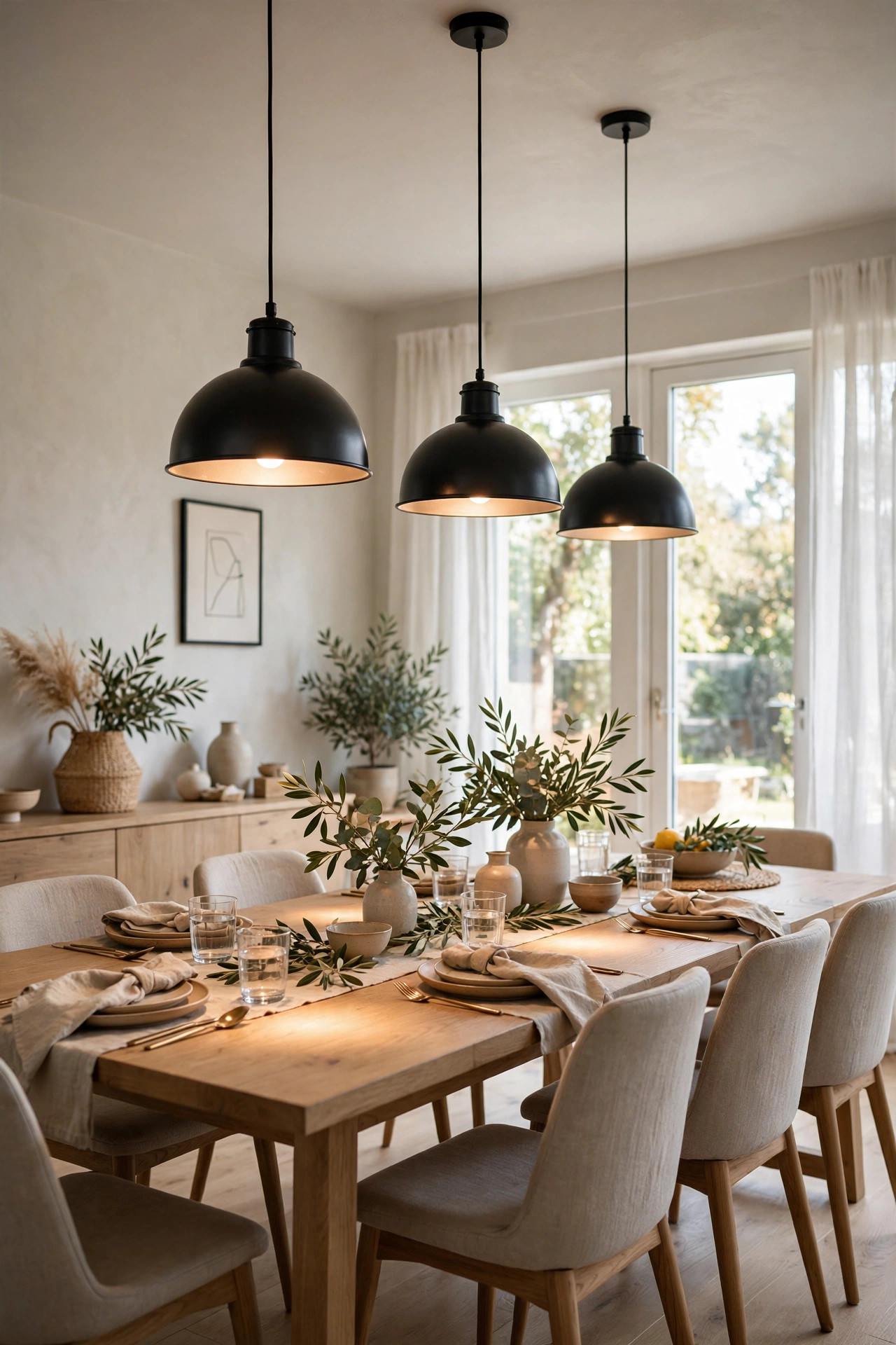 Black metal dome pendant lights hanging in a row over a long dining table.
