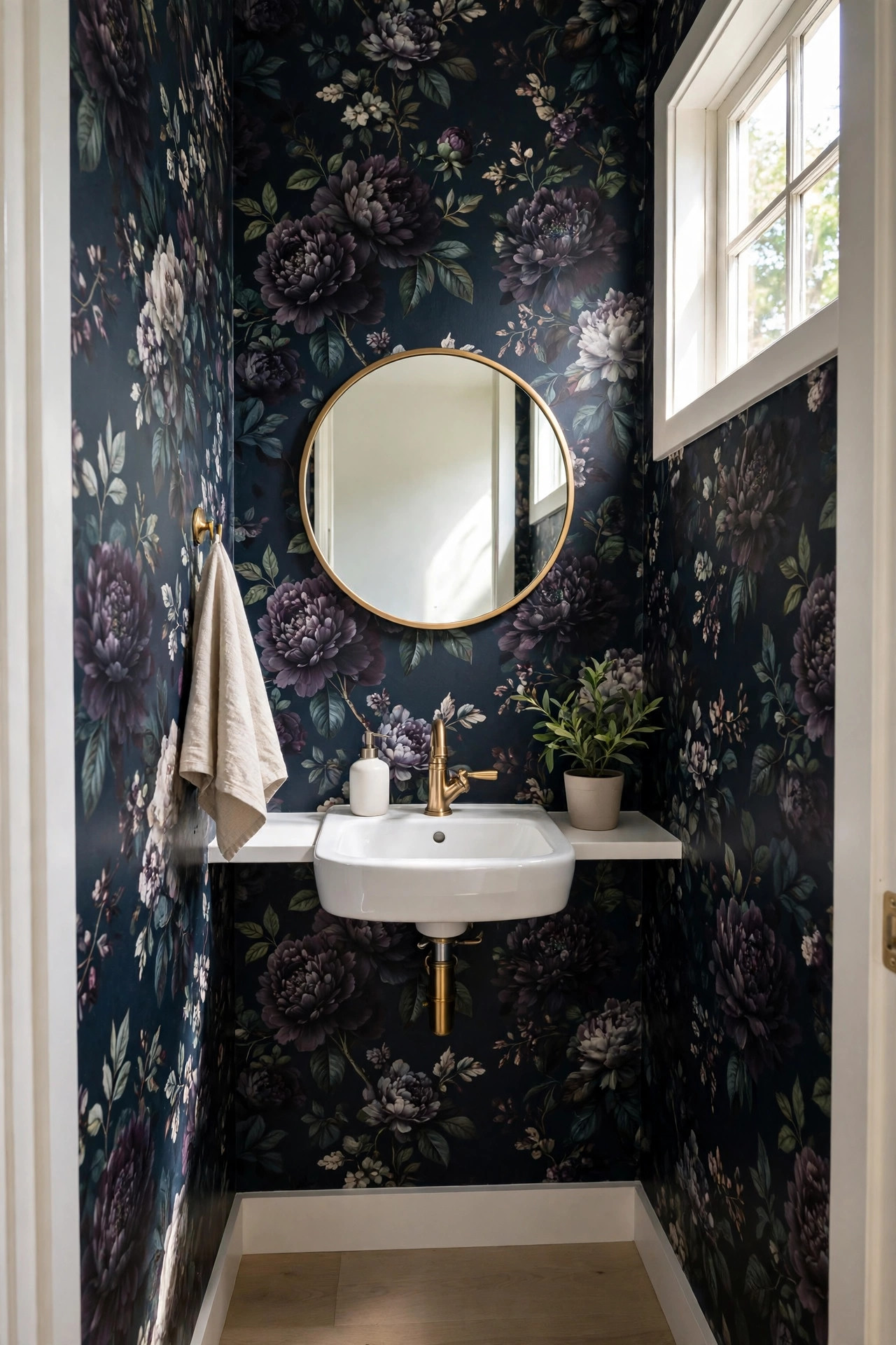 Powder room with bold dark floral peel and stick wallpaper and white sink.