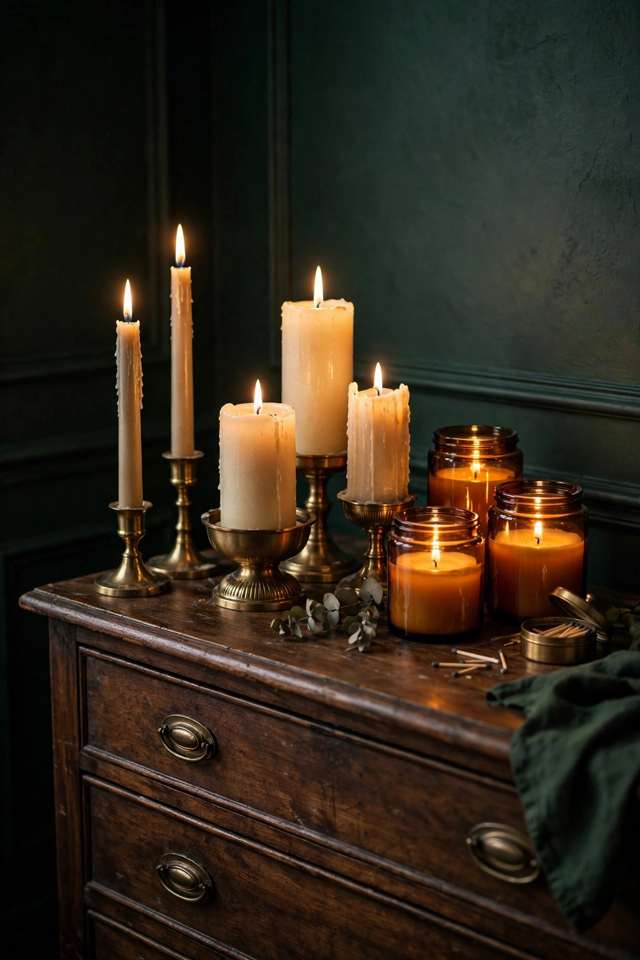 21 Dark Academia Room Decor Ideas That Feel Like an Old Library 8 Clusters of candles in brass holders glowing on a dark wood dresser