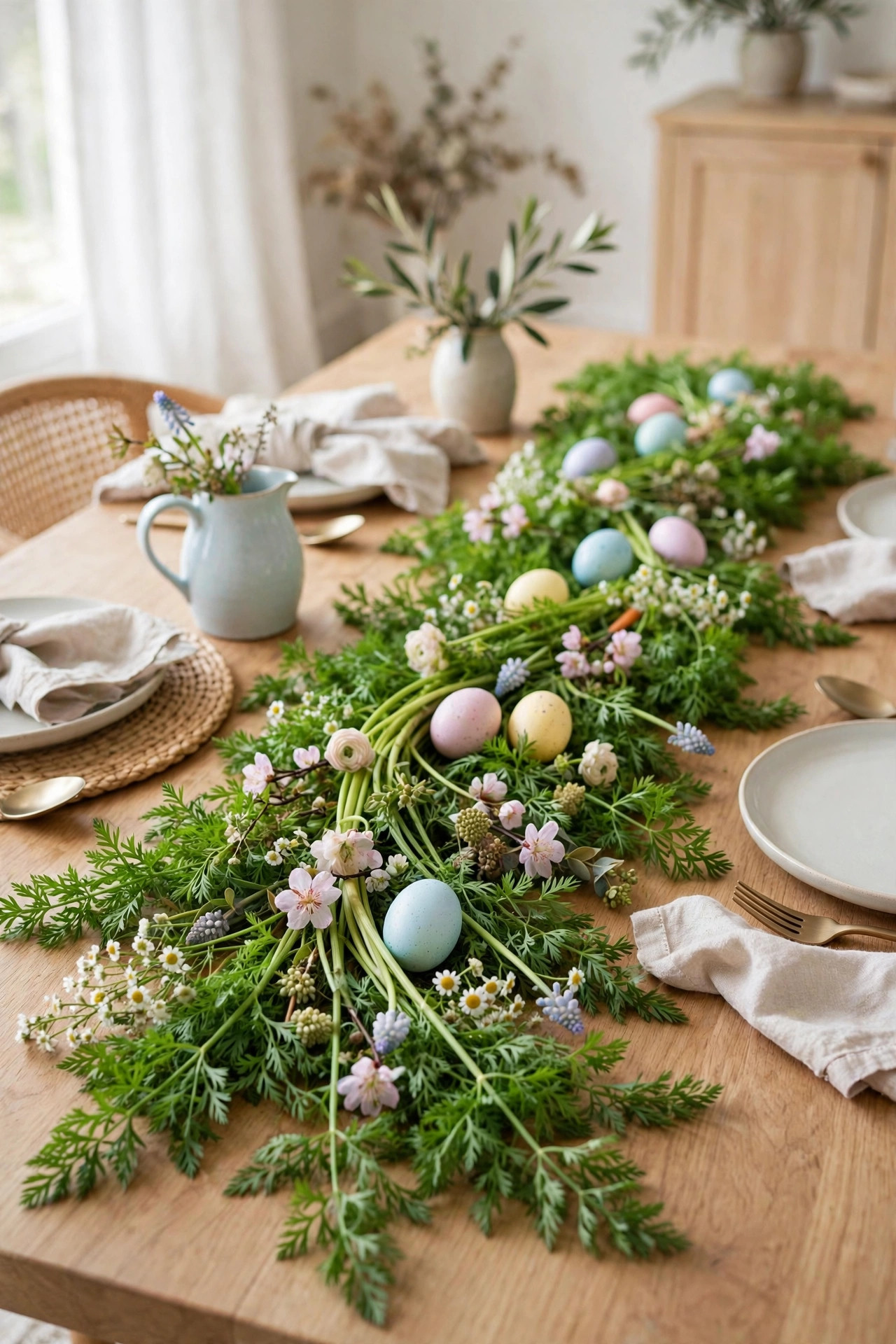 Feathery carrot tops arranged as a green runner with pastel eggs