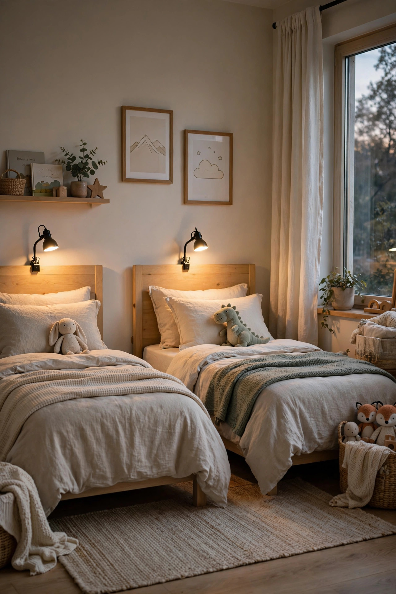 Clip-on reading lights attached to the headboards of two twin beds.