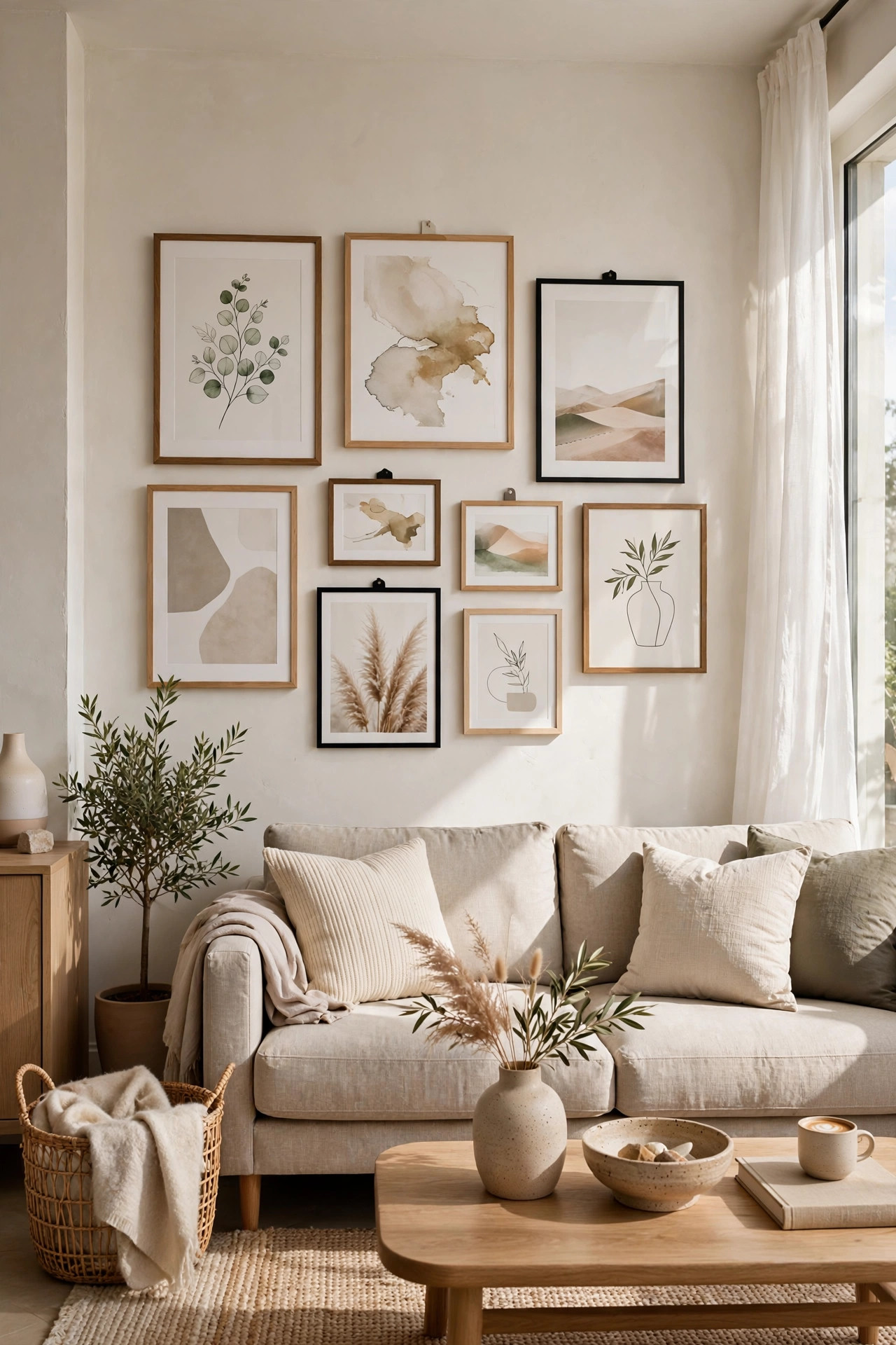 Gallery wall of framed art prints arranged above a sofa.