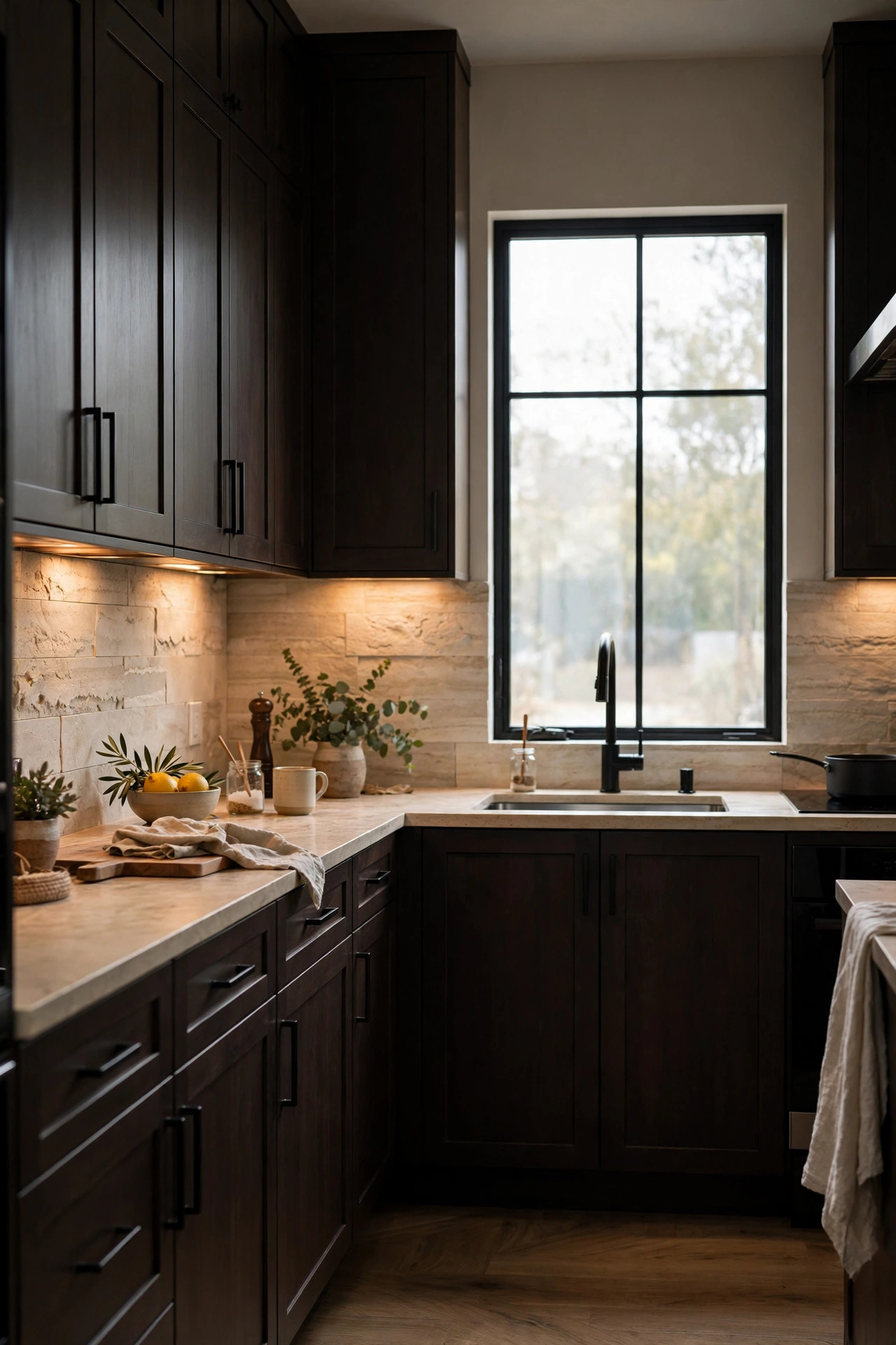 Dark espresso cabinets with a light natural stone backsplash and warm under cabinet lights.