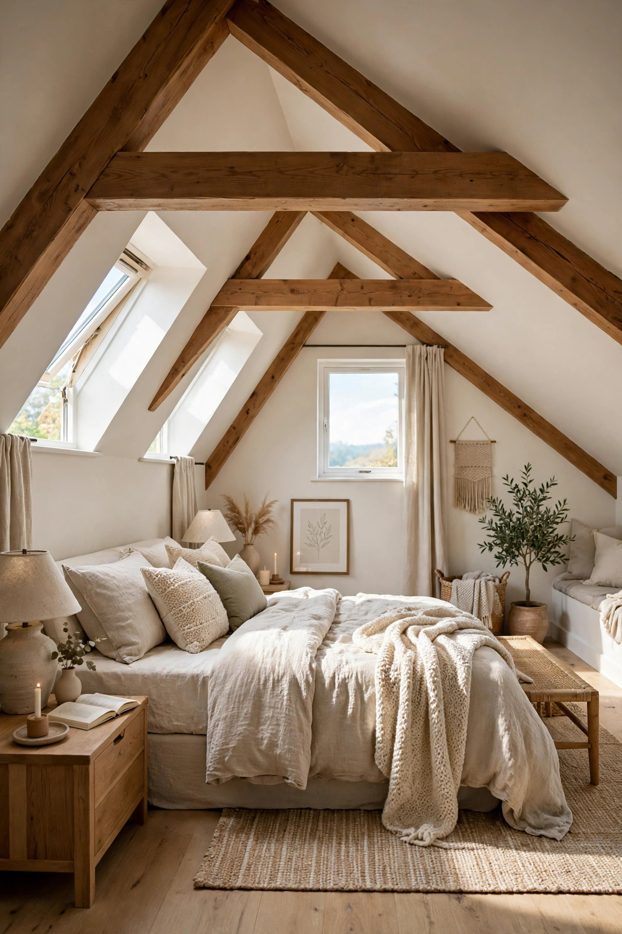 Exposed wooden beams across a sloped attic ceiling in a cozy bedroom.