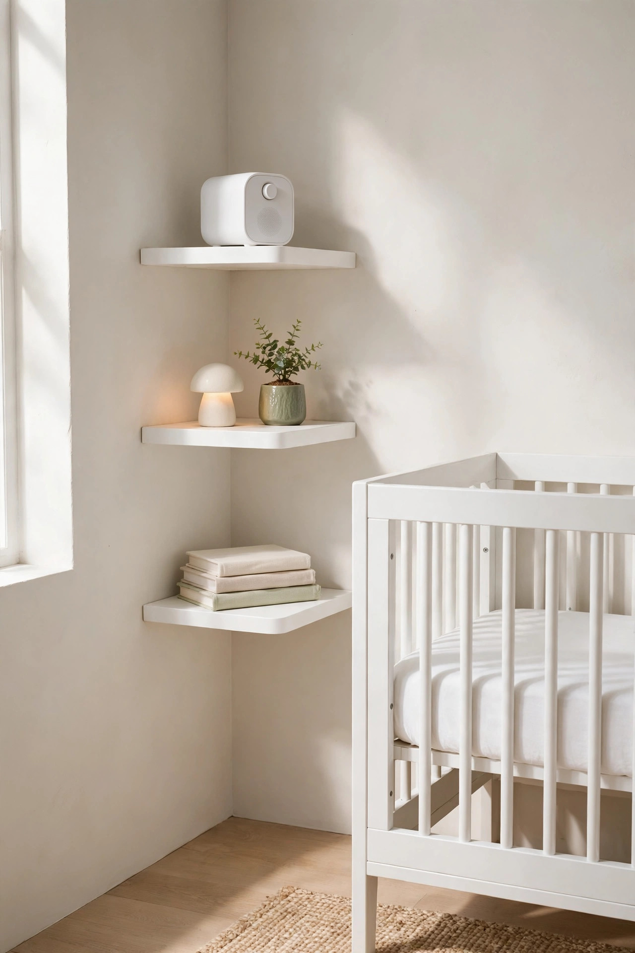 Small white floating corner shelves holding a sound machine and baby books