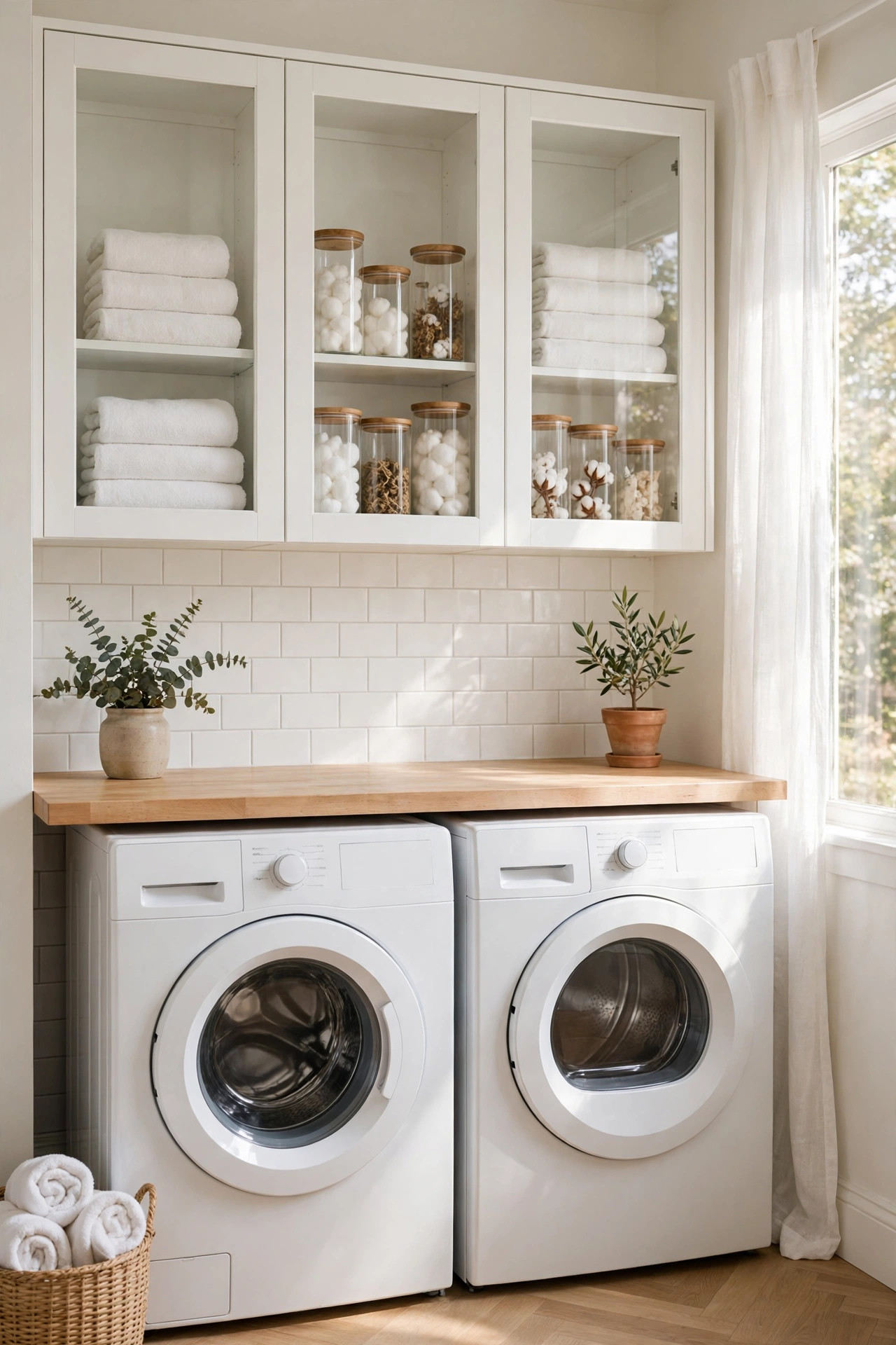 White glass-front upper cabinets with neatly stacked towels above a washer and dryer.