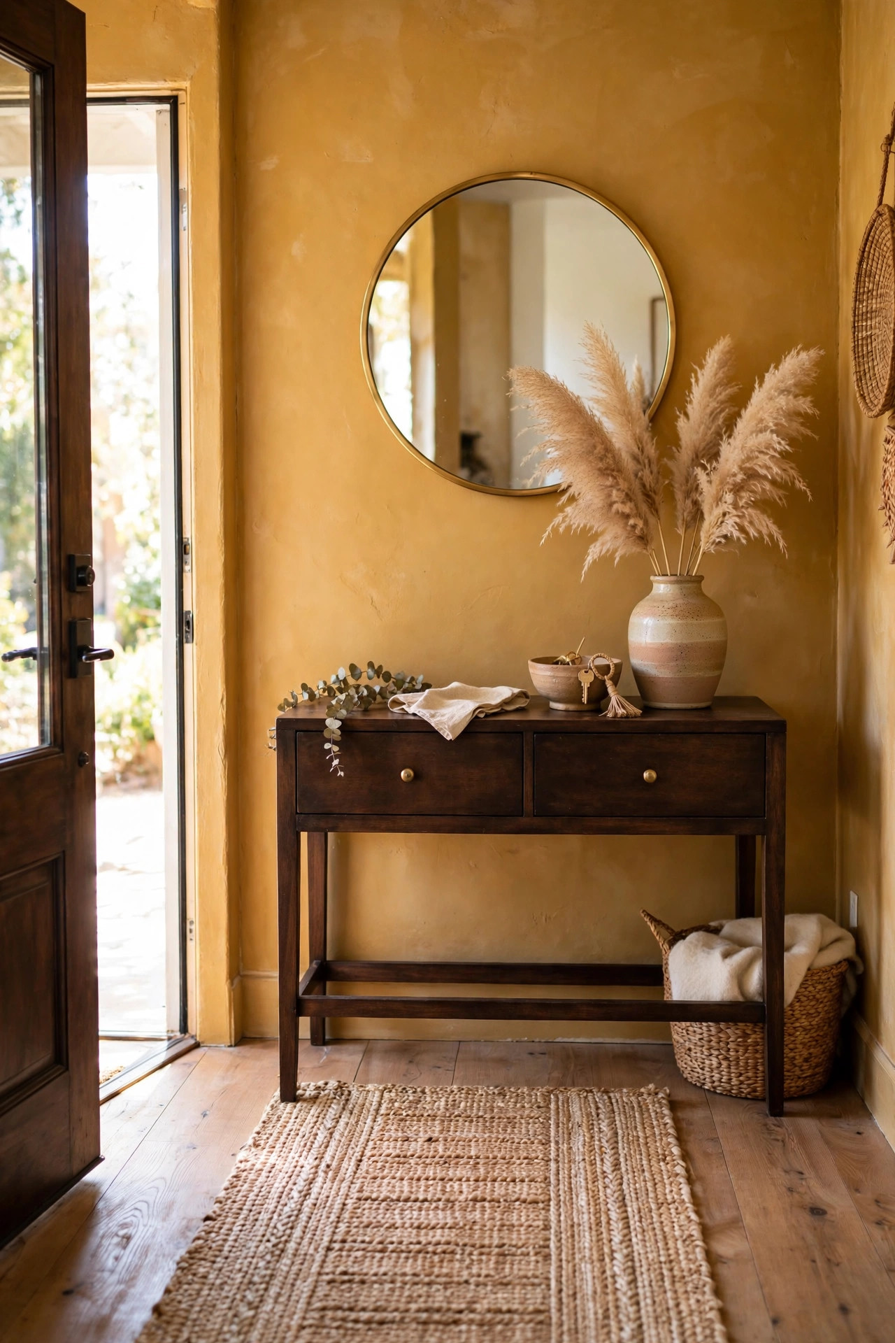 16 Earthy Paint Colors That Make a Home Feel Grounded 8 Entryway with golden ochre walls, a wood console table, a round brass mirror, and a woven runner rug