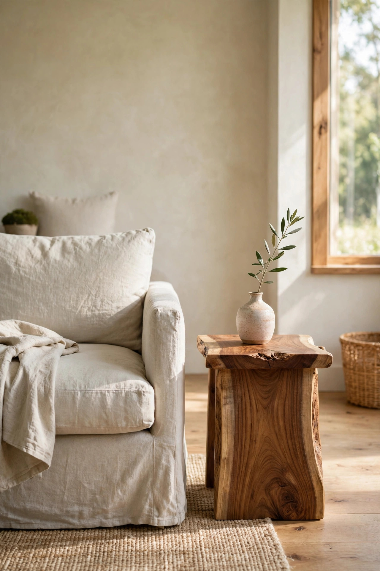 Handcrafted wooden side table with a ceramic vase beside a linen armchair