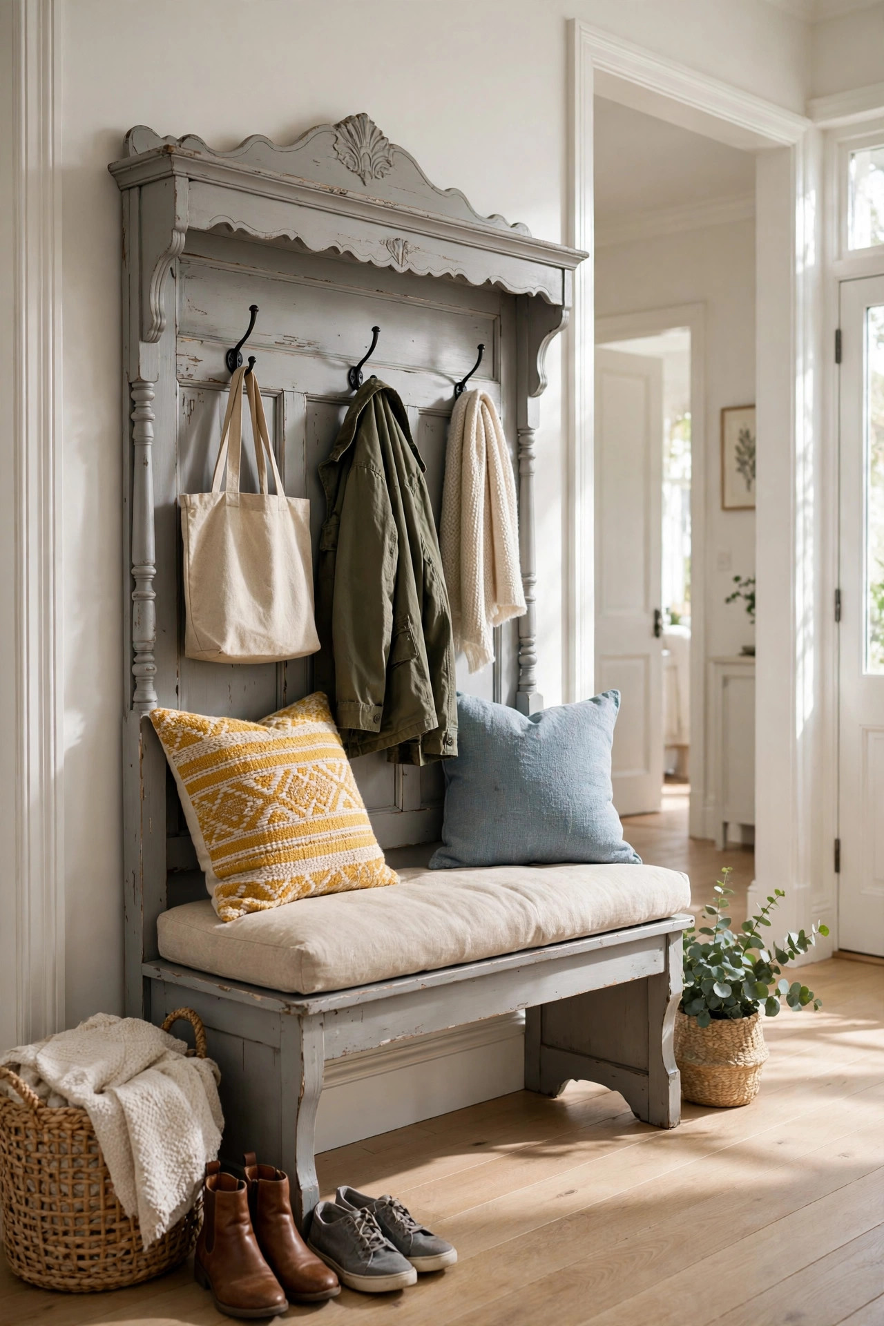 15 Thrift Store Furniture Flips Worth Trying 8 A vintage wooden headboard repurposed as an entryway bench with a cushion