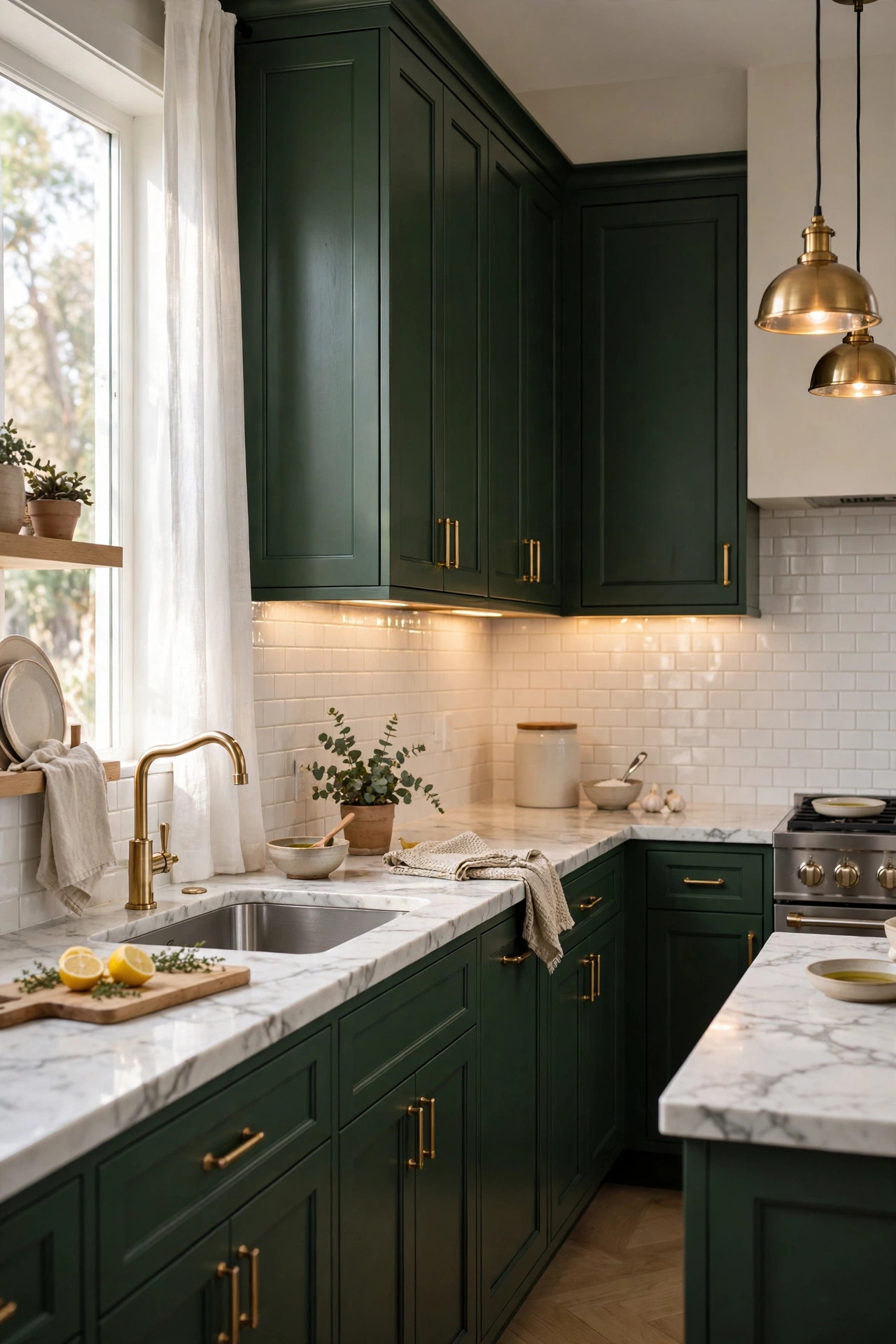 Deep hunter green kitchen cabinets with white marble counters and under cabinet lighting.