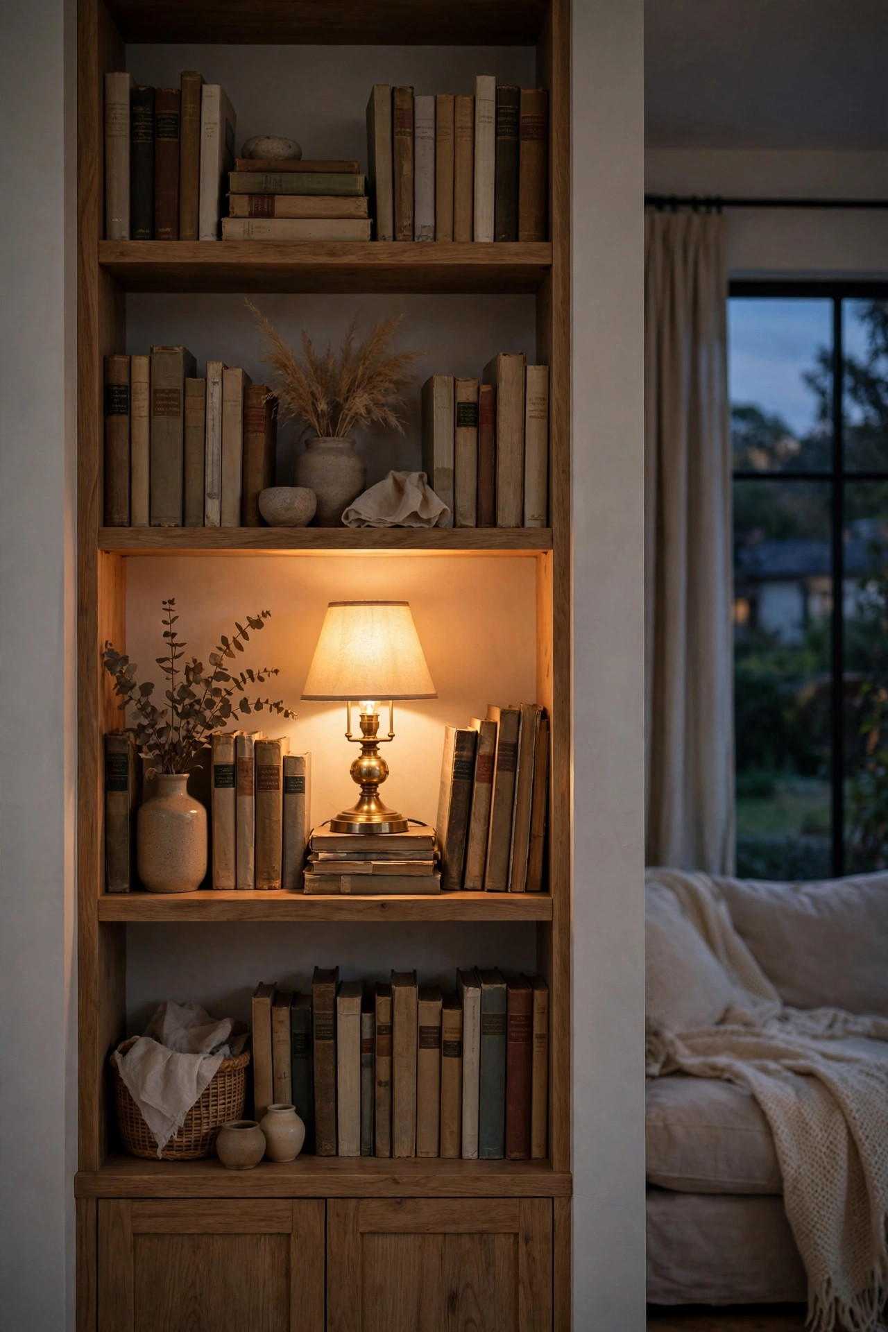 Small vintage brass lamp glowing warmly on a bookshelf among books