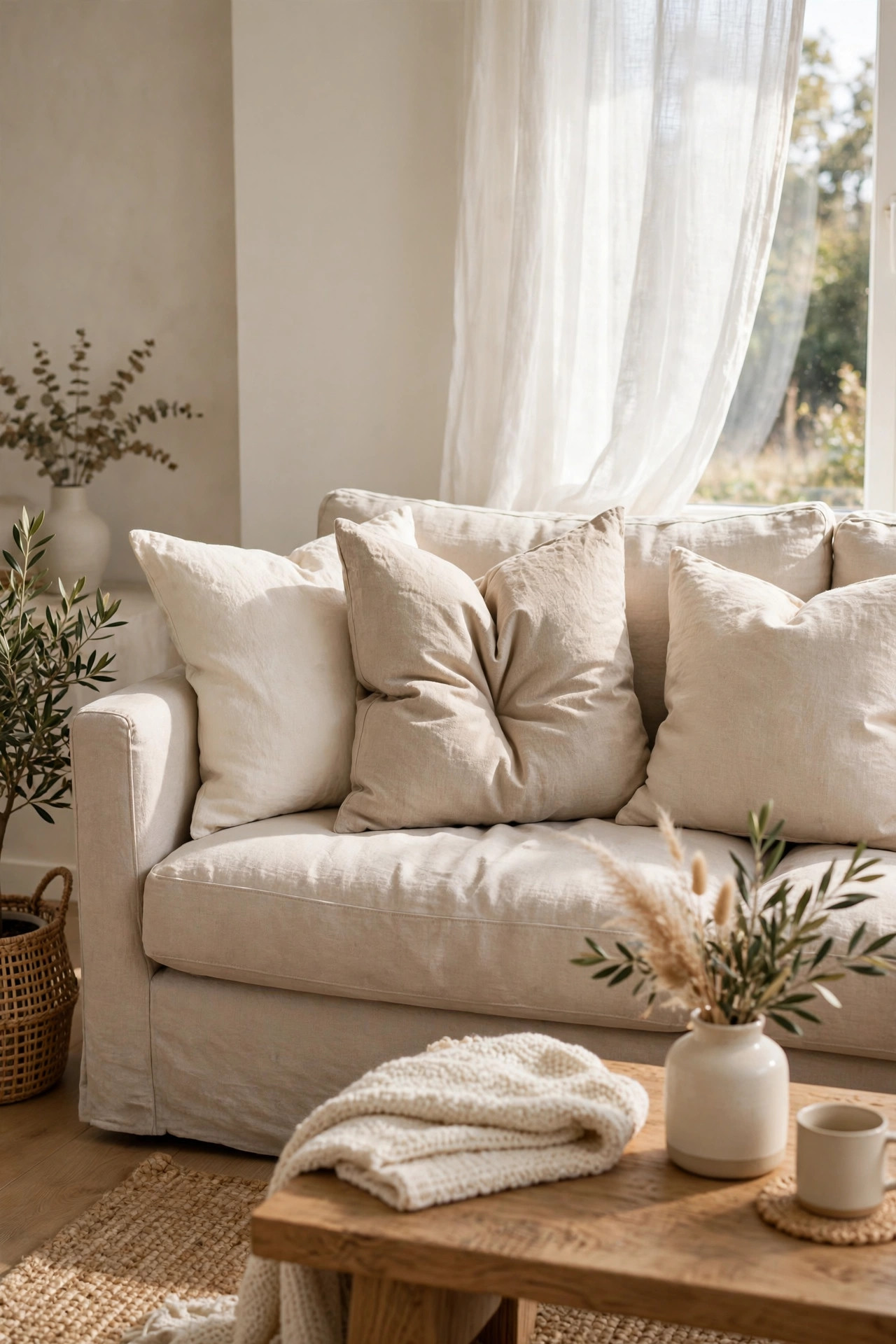 19 Dollar Store Decor Ideas That Look Way More Expensive 8 Cozy sofa with cream and beige linen-textured throw pillows in a neutral living room