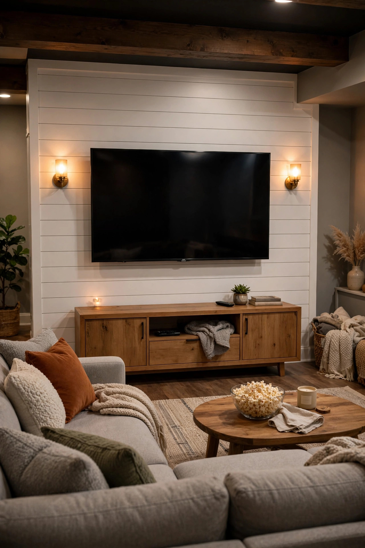 A basement family room movie wall with a large TV on a shiplap accent wall facing a comfortable sectional.