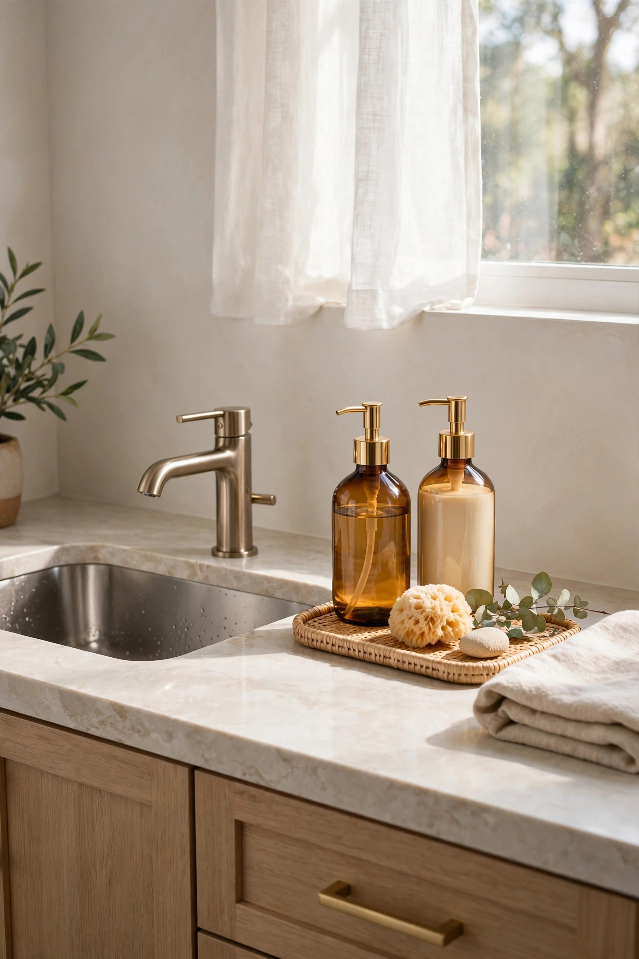 19 Rental Bathroom Ideas That Make It Feel Like Your Own 8 A matching set of amber glass soap dispenser and lotion pump bottles arranged on a bathroom sink counter.