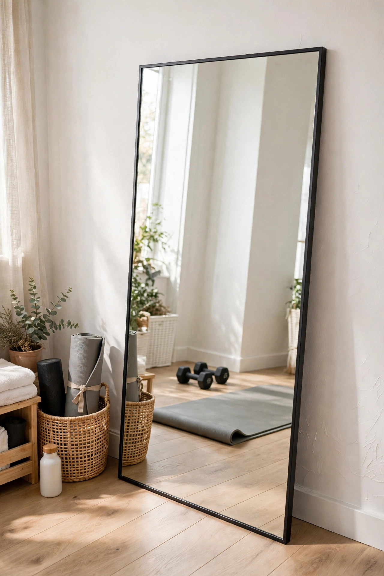 17 Small Home Gym Ideas That Fit in Any Corner 8 Tall mirror leaning against a wall reflecting a yoga mat and dumbbells