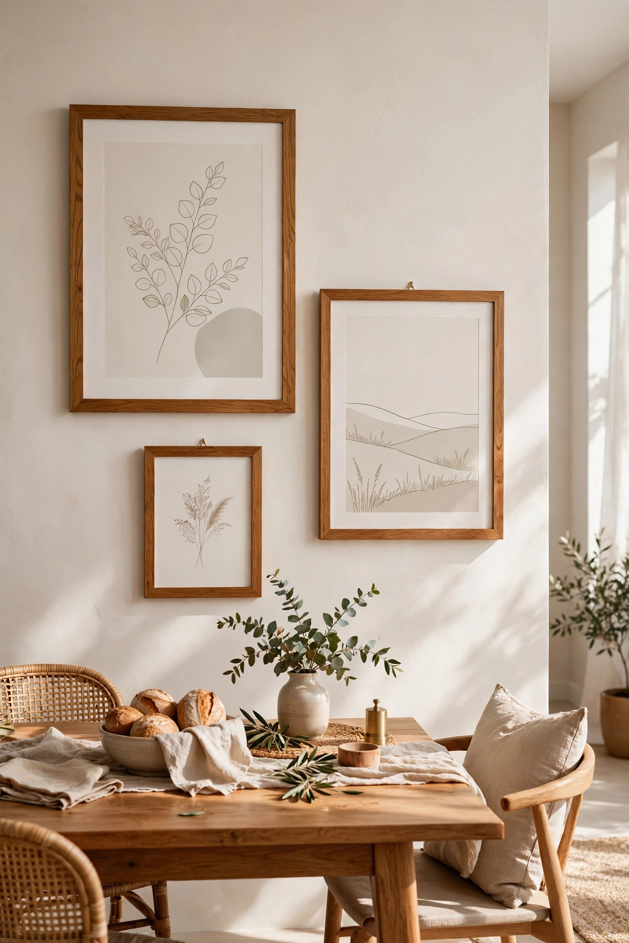 15 Gallery Wall Ideas That Look Curated, Not Cluttered 8 Large, medium, and small frames in the same warm oak finish hang casually on a dining room wall.