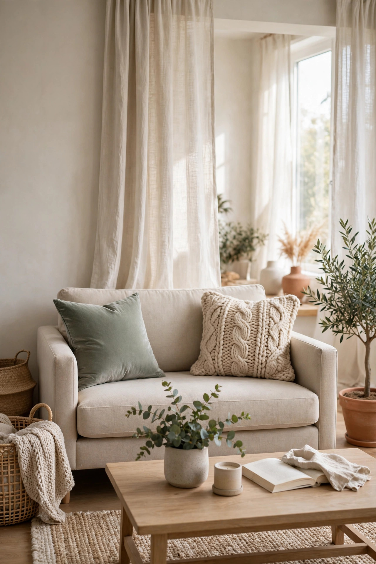 Mid century gray armchair styled with a mustard yellow velvet pillow and a heather gray knit pillow