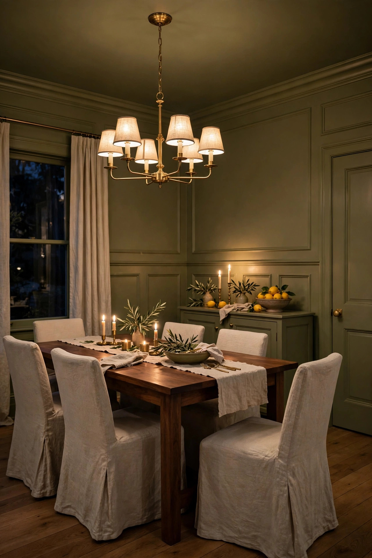 Olive green dining room with painted walls, trim and ceiling