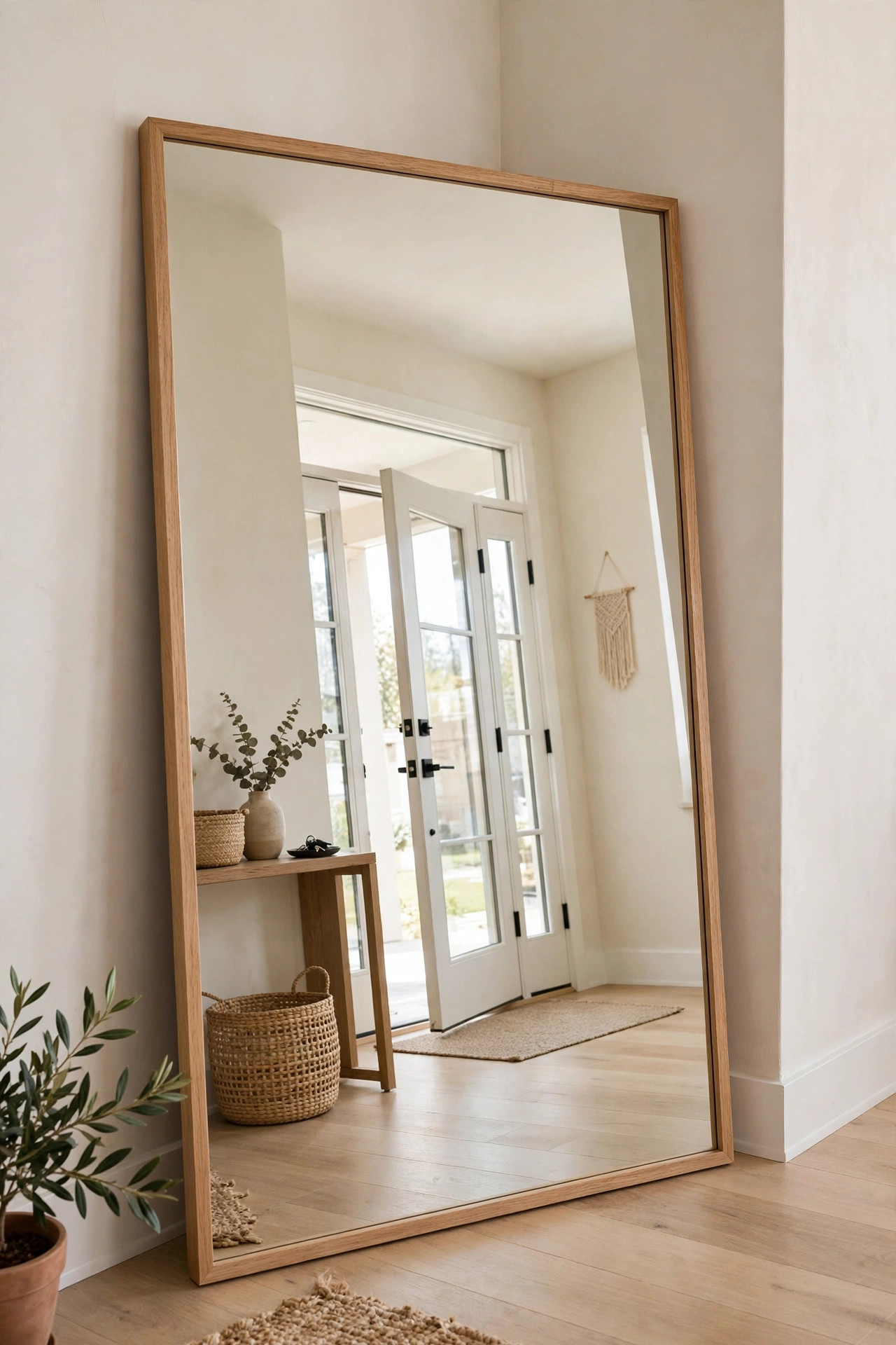 Oversized leaning mirror filling an empty corner of a small entryway