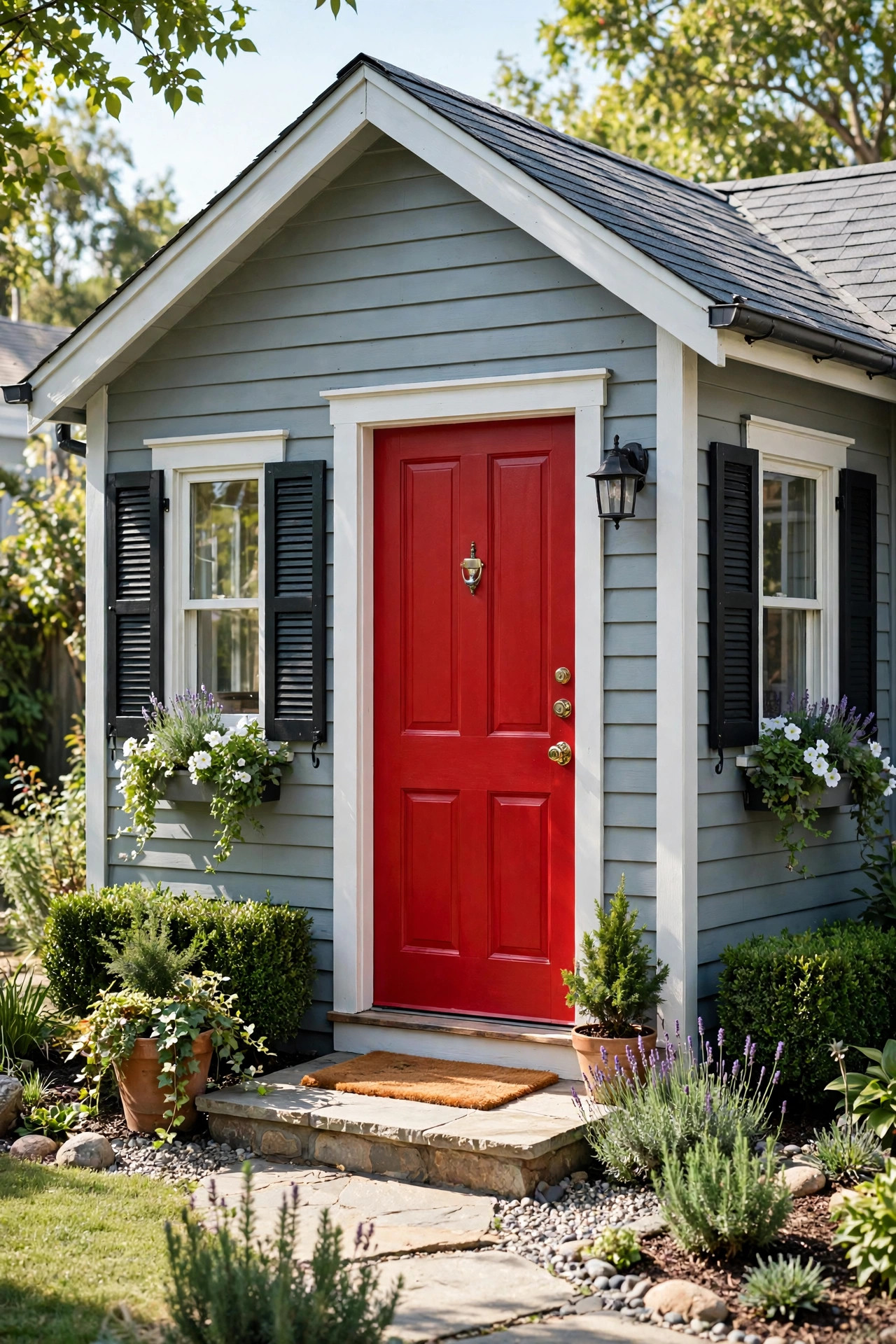 Small Front Yard Landscaping Ideas With Big Impact 8 Charming house front with a freshly painted red front door.