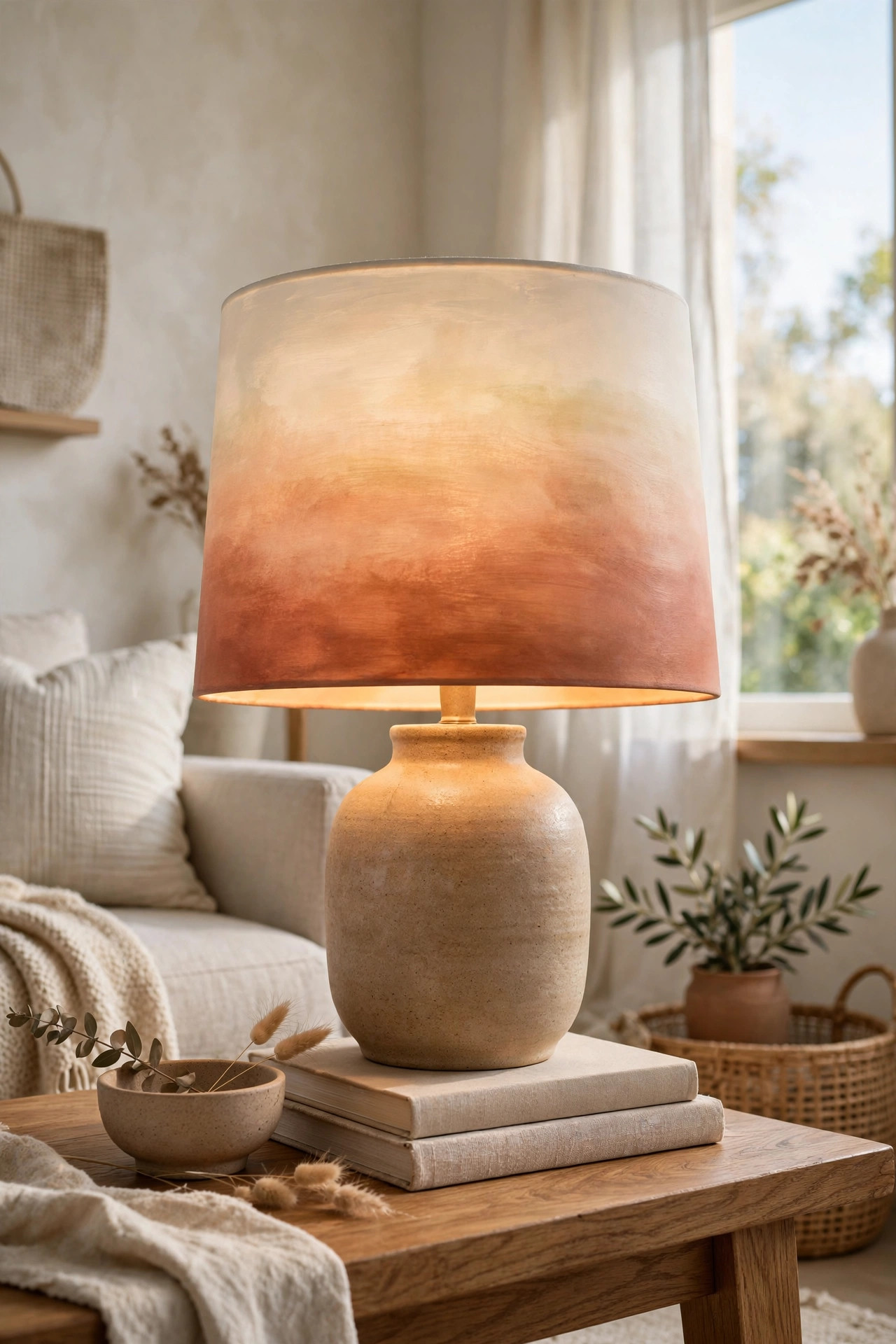 Table lamp with a hand painted ombre drum shade on a side table