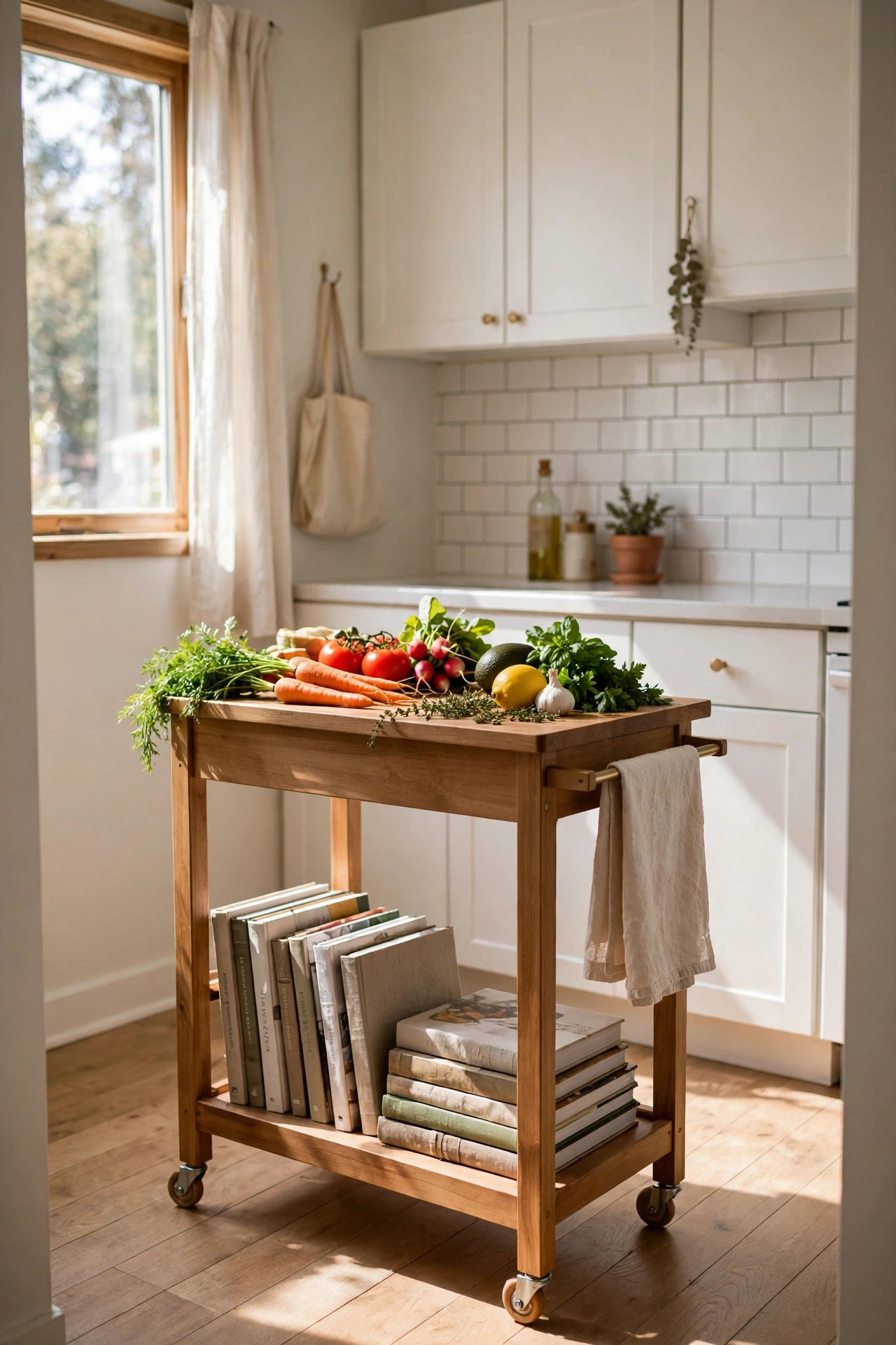18 Renter-Friendly Kitchen Upgrades That Need Zero Permission 8 Slim wooden rolling kitchen cart island in a small bright rental kitchen
