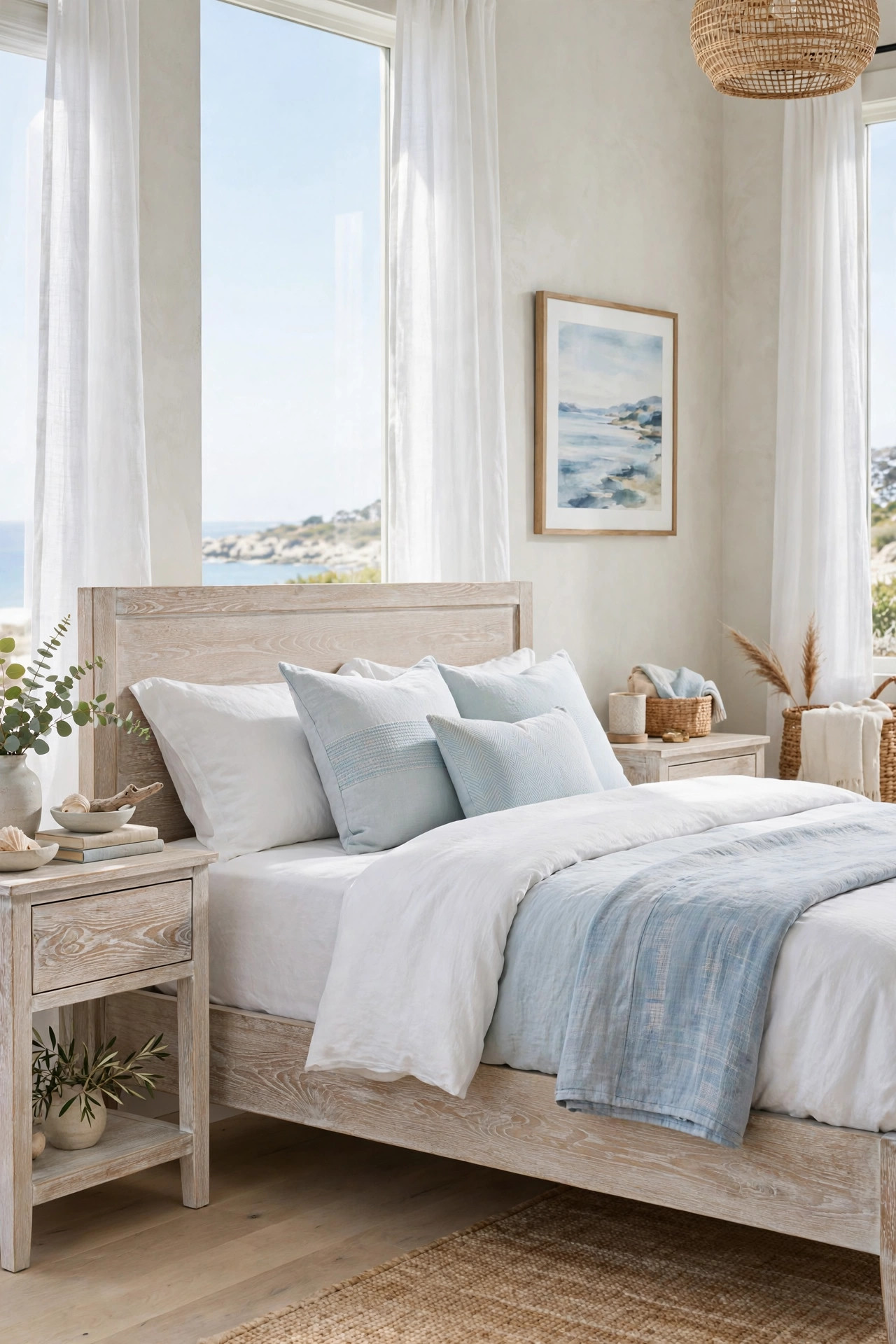18 Coastal Bedroom Ideas Without the Cliches 8 Bed with a light saltwashed oak wood frame