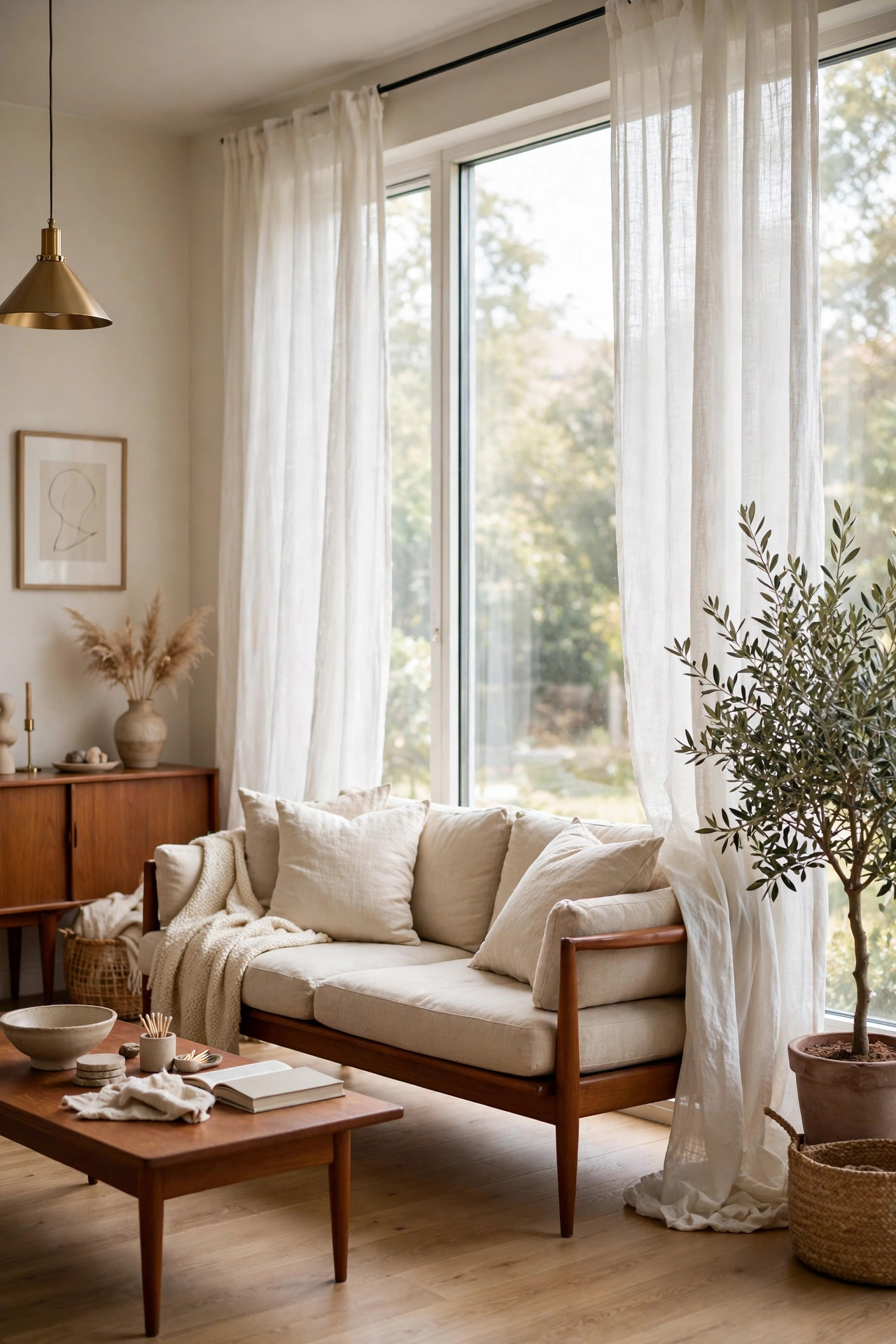 17 Mid-Century Modern Living Room Ideas That Still Feel Fresh 8 Floor to ceiling windows with sheer white linen curtains in a bright living room