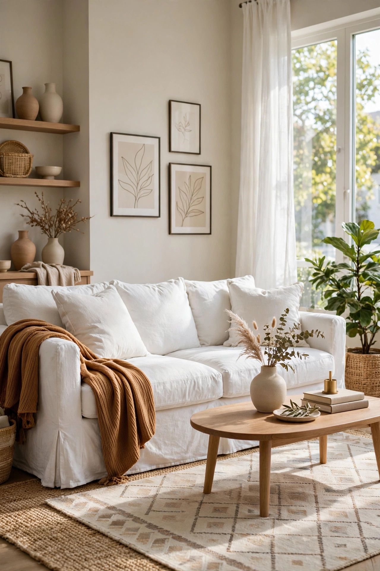 Sofa with a white linen slipcover and a caramel throw blanket in a bright living room