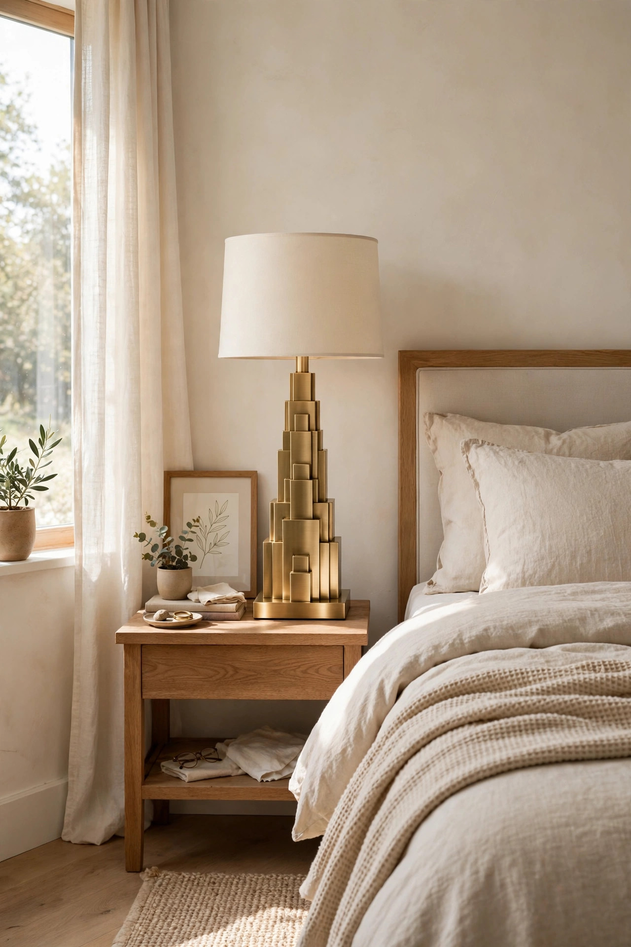 17 Art Deco Bedroom Ideas With a Modern Twist 8 A pair of stepped tiered table lamps with cream drum shades on bedroom nightstands.