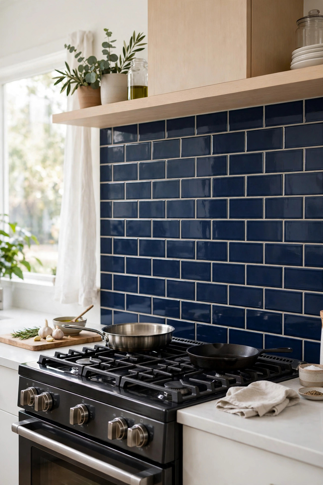 Navy subway tile backsplash