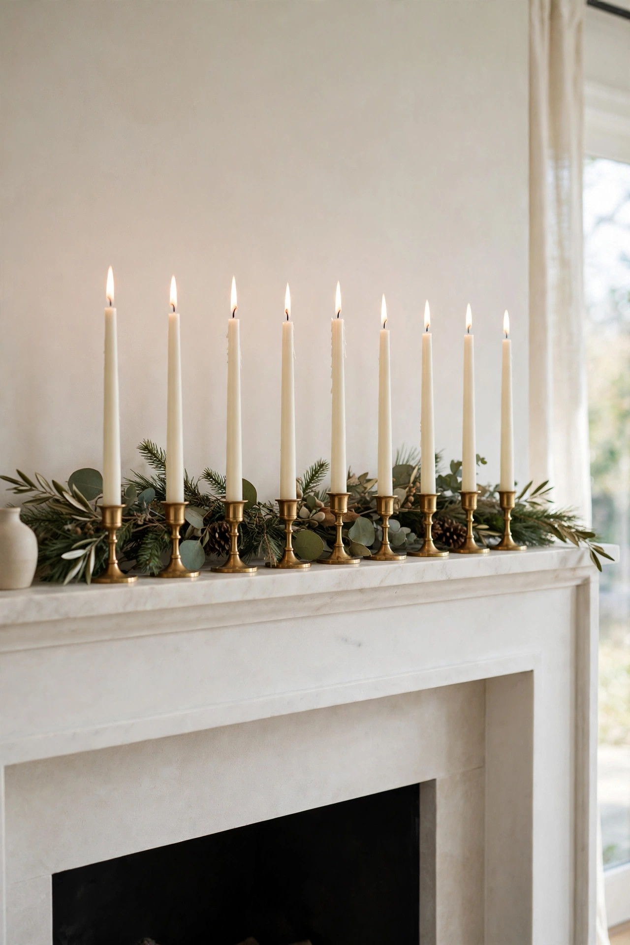 Row of slim ivory taper candles in brass holders along a mantel