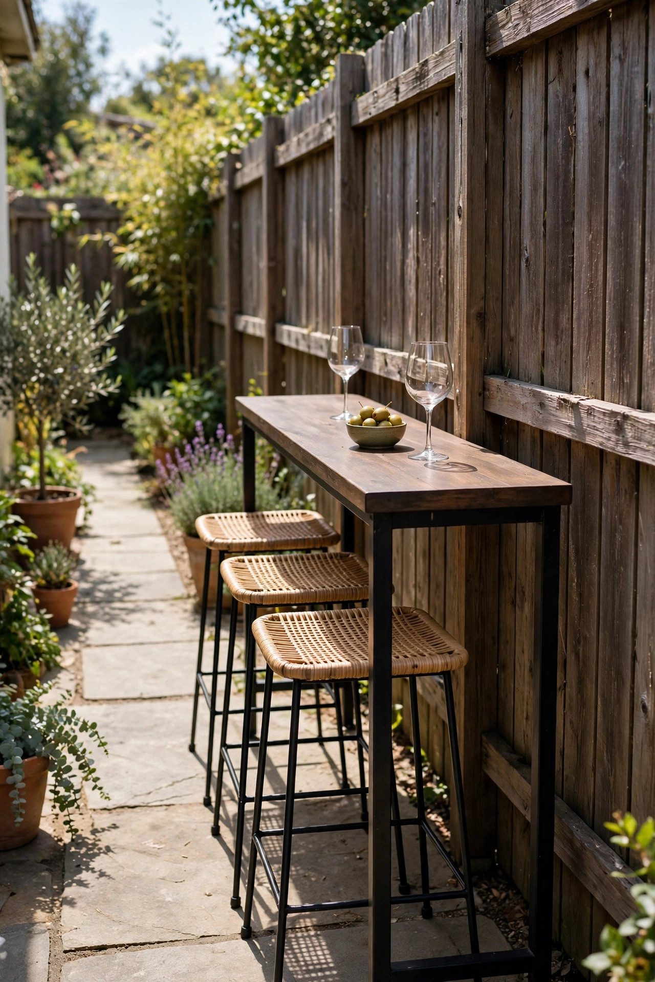 17 Outdoor Dining Ideas for Small Patios 8 Tall narrow bar height table along a wooden fence with three backless stools slid underneath, wine glasses and olives on top