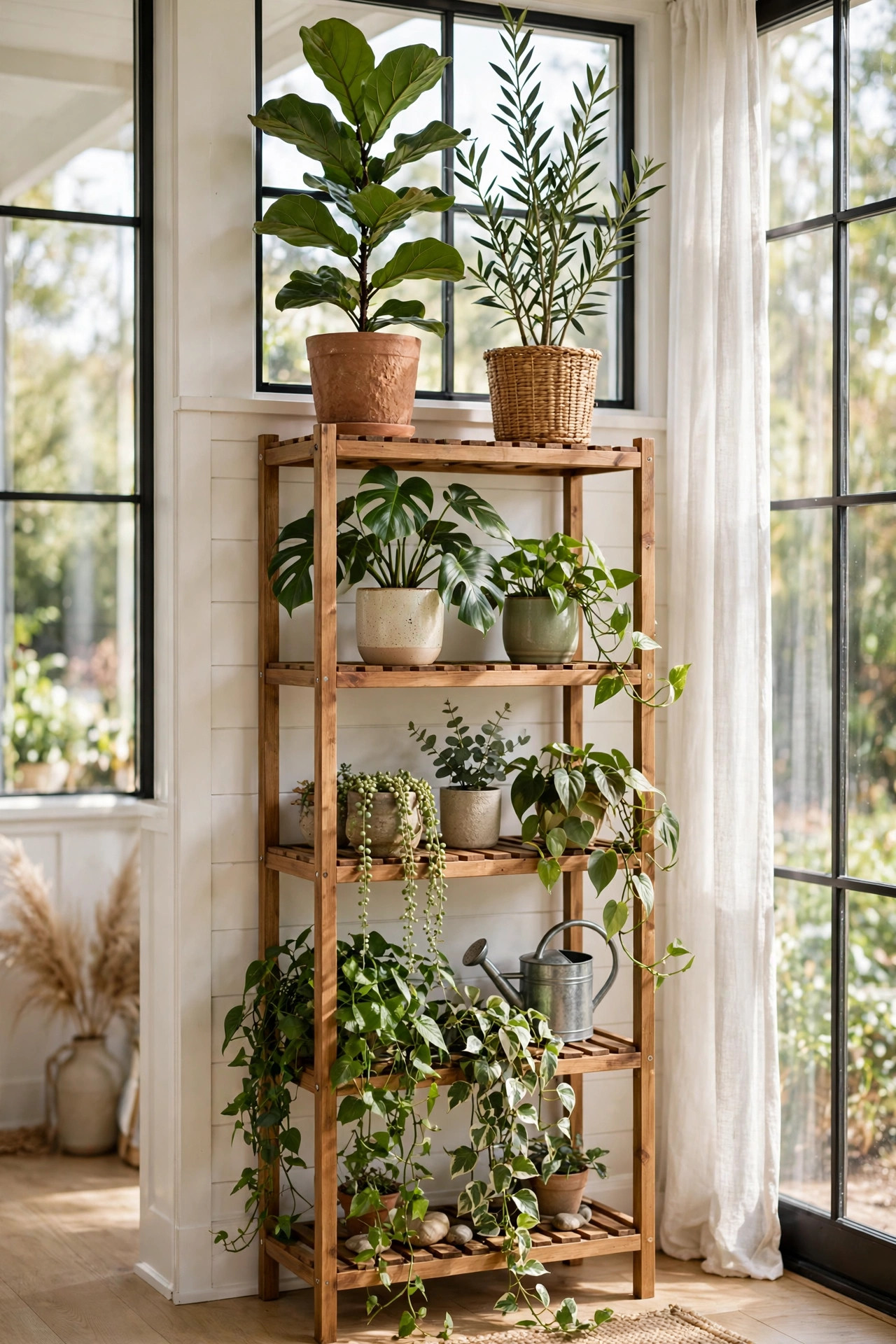 Four level wooden plant stand holding a curated collection of potted plants