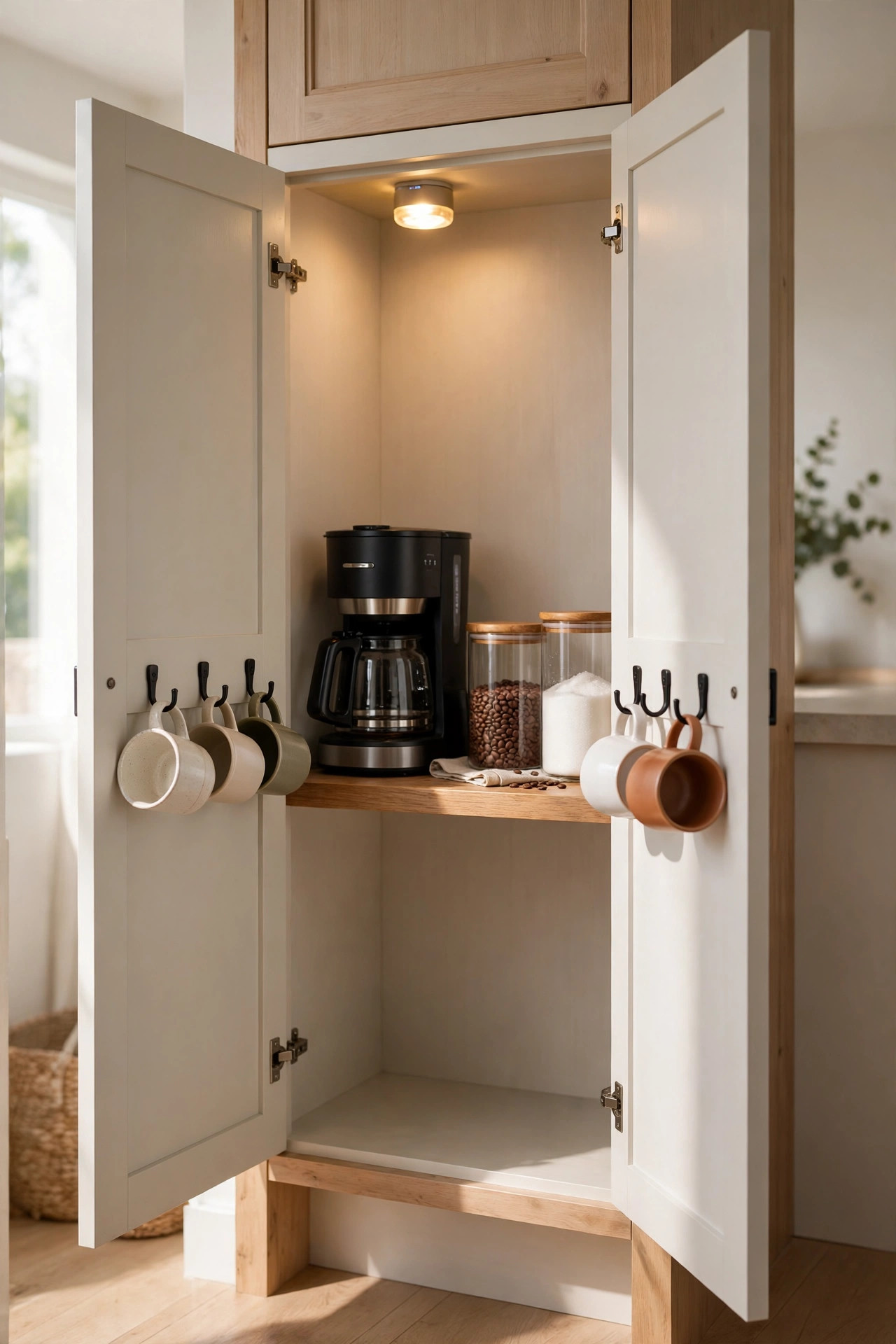 Open pantry closet with a hidden coffee station on a shelf and a small glowing light.