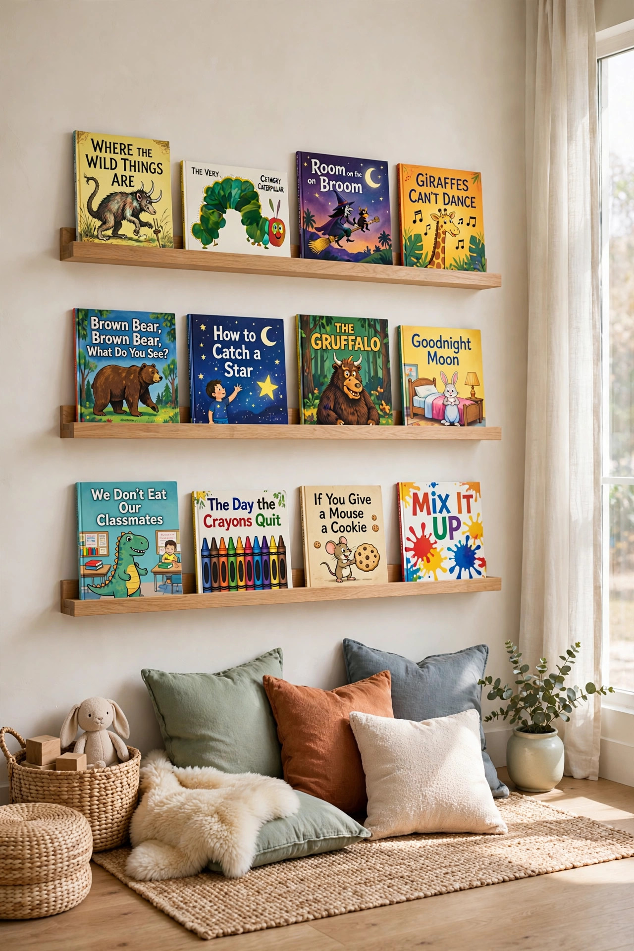 16 Playroom Ideas That Keep the Mess Contained 8 Wooden book ledges at child height displaying picture books with covers facing out.