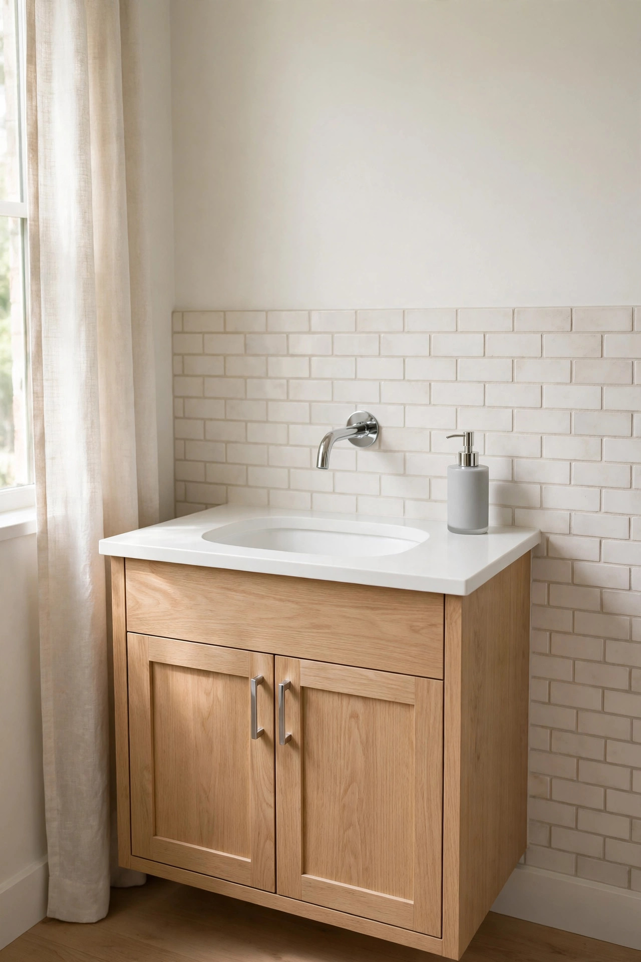 Wall-mounted chrome faucet above a small bathroom sink with clear countertop.