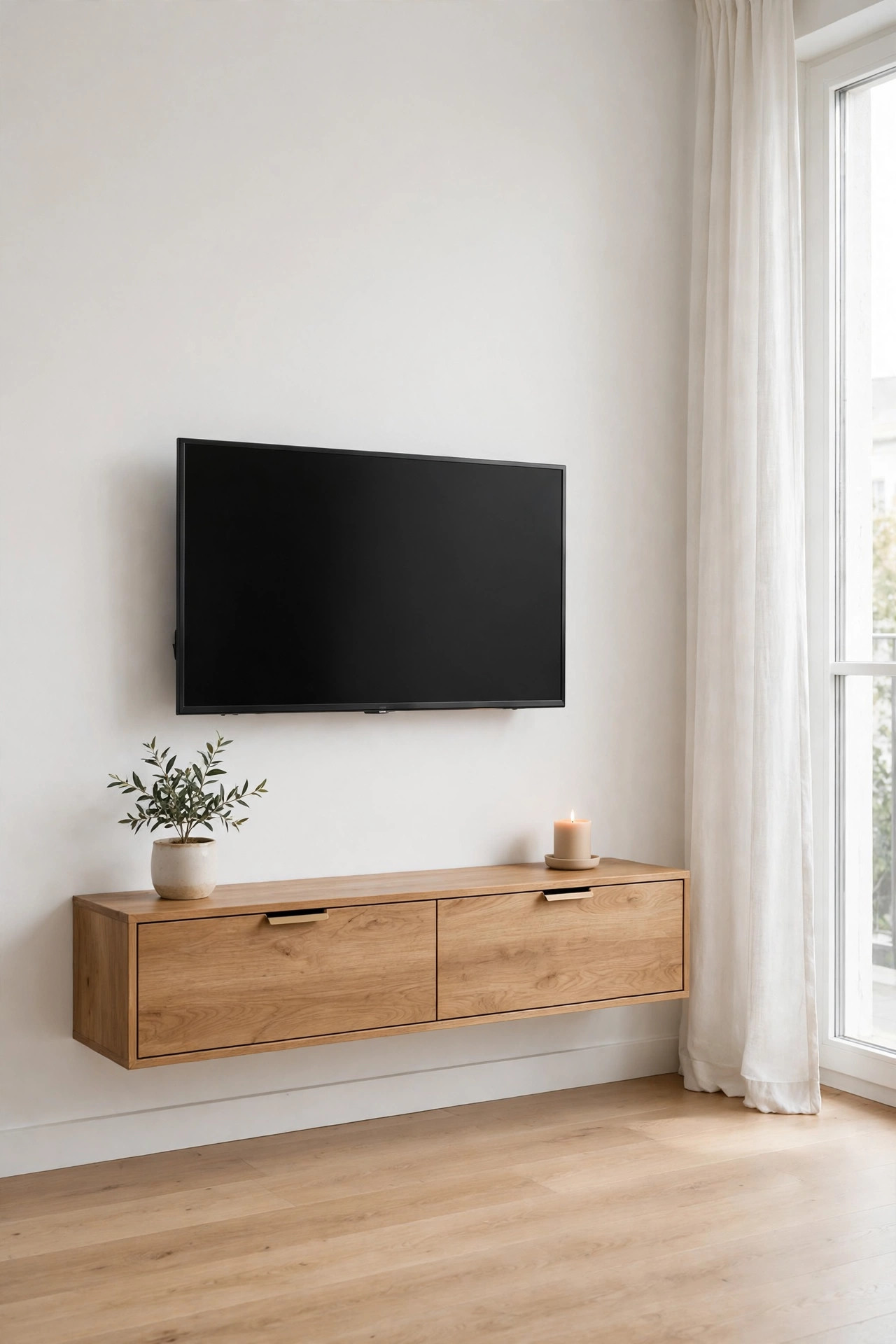 Flat screen TV mounted on a white wall above a narrow wooden console with closed storage