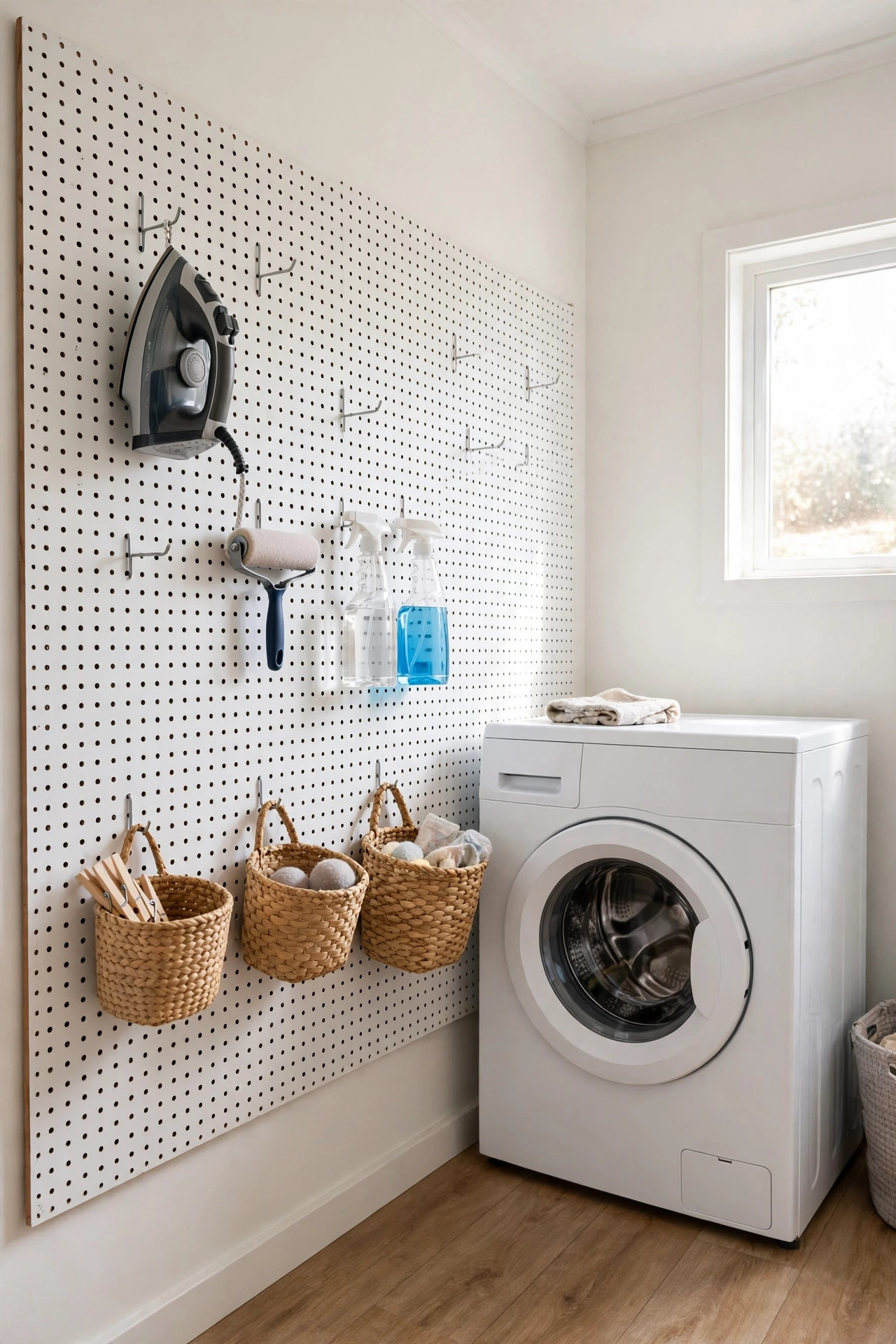 Pegboard wall holding laundry tools