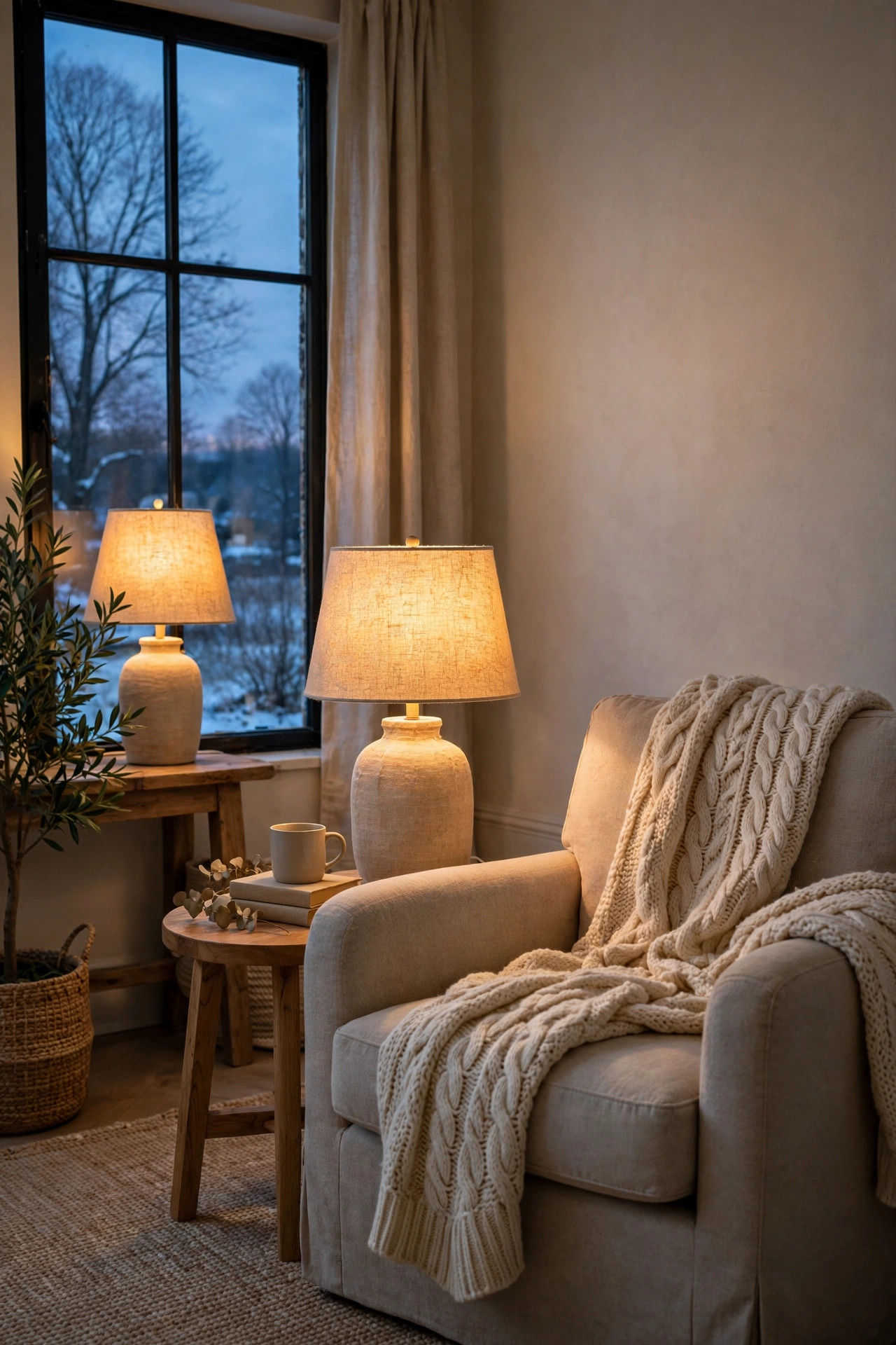 Cozy Winter Home Decor Ideas for After the Holidays 8 Cozy living room corner with two table lamps with linen shades casting a warm golden glow at dusk