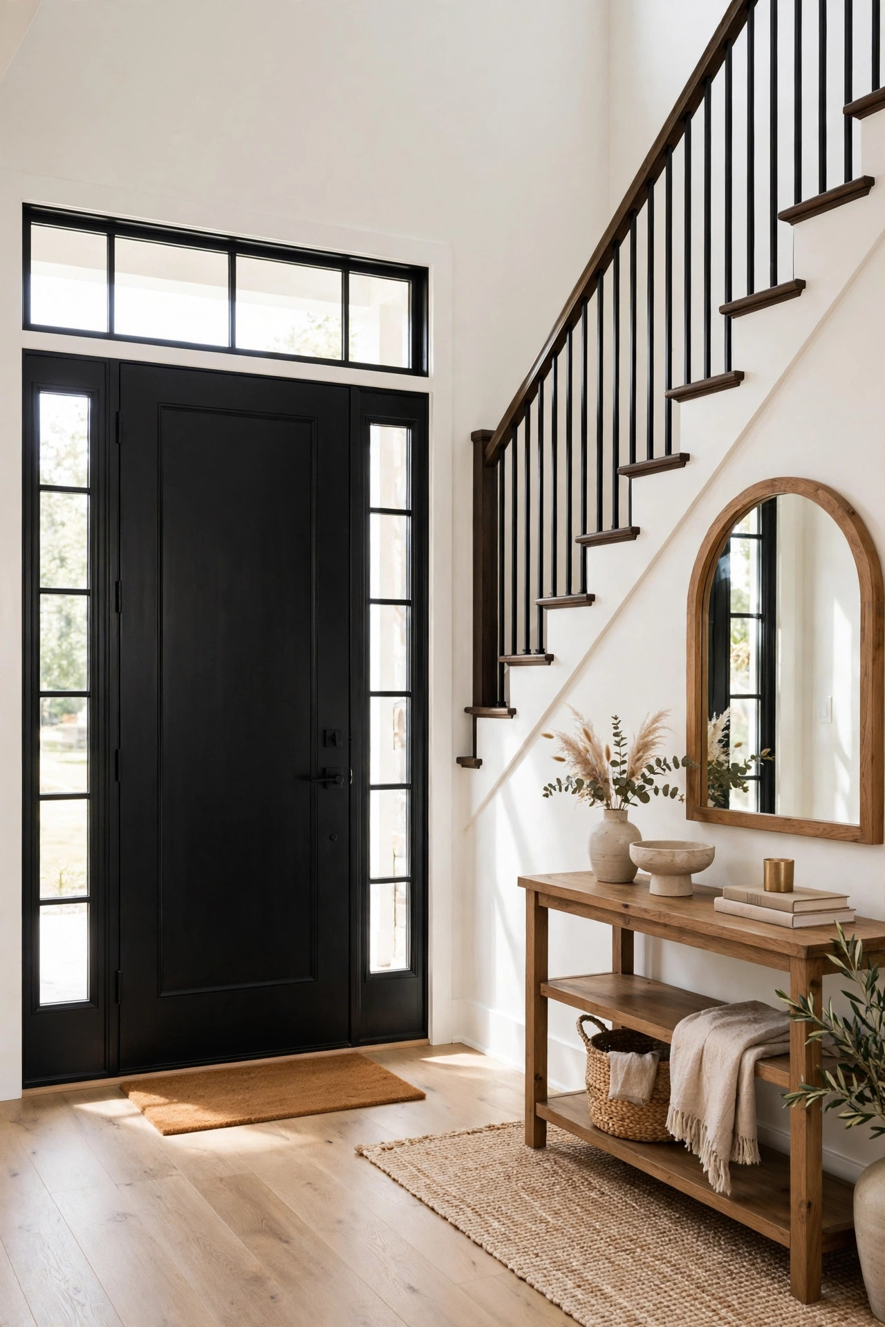 15 Warm White Paint Colors That Work in Every Room 8 Entryway with crisp warm white walls, black front door, wood staircase, and a console table