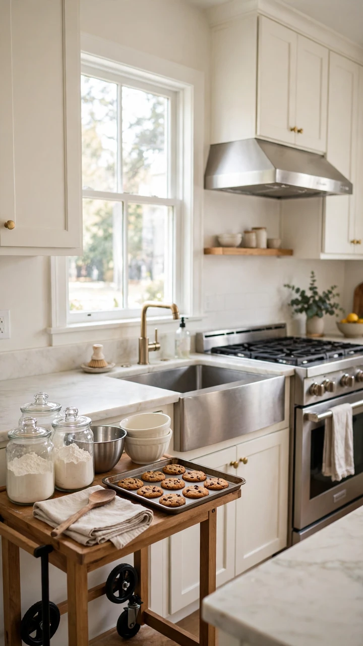 A wooden rolling cart holding flour jars, mixing bowls and a tray of cookies beside a kitchen sink and stove.