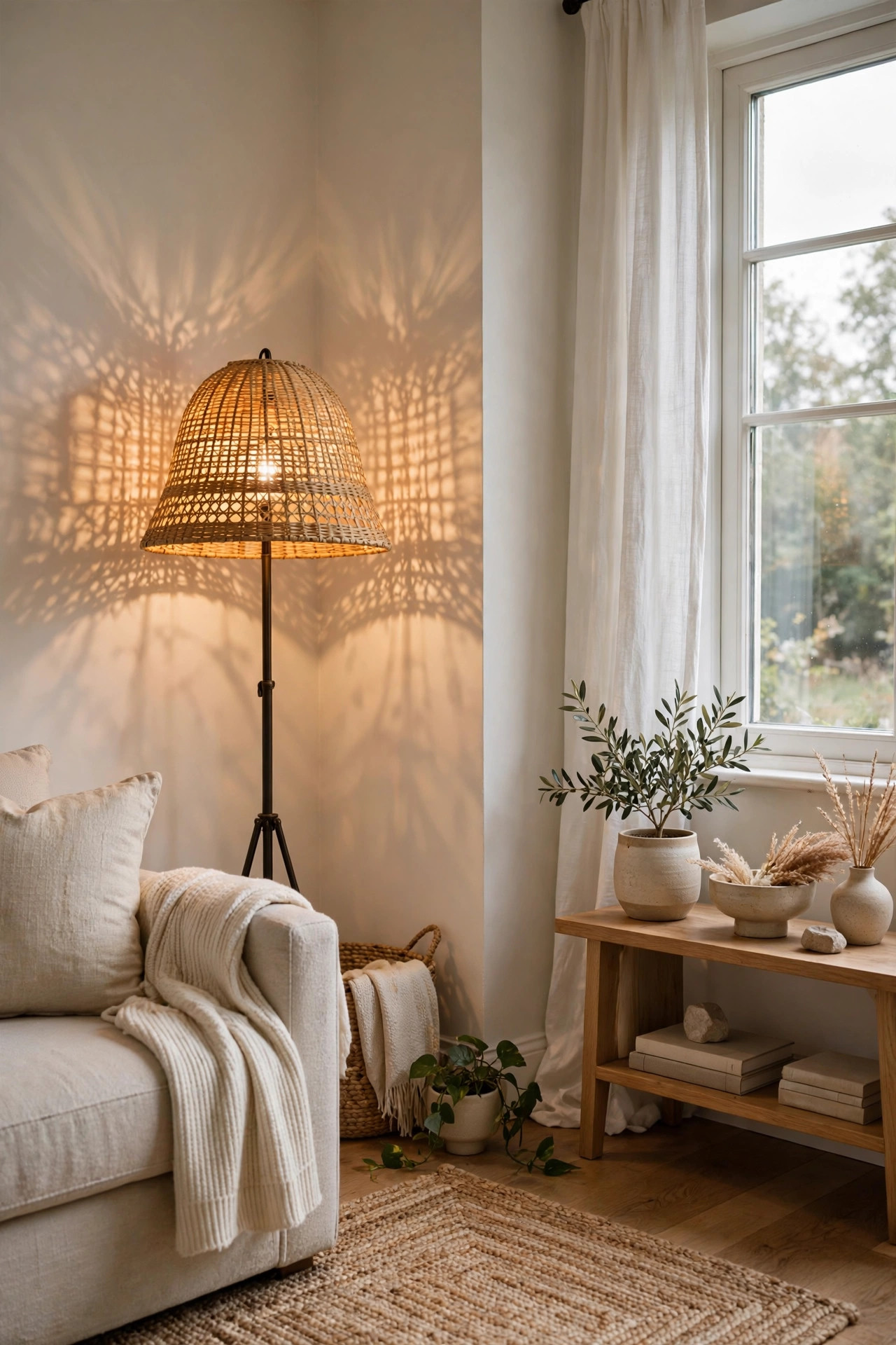 A floor lamp with a woven rattan shade casting patterned shadows on the walls of a living room corner.