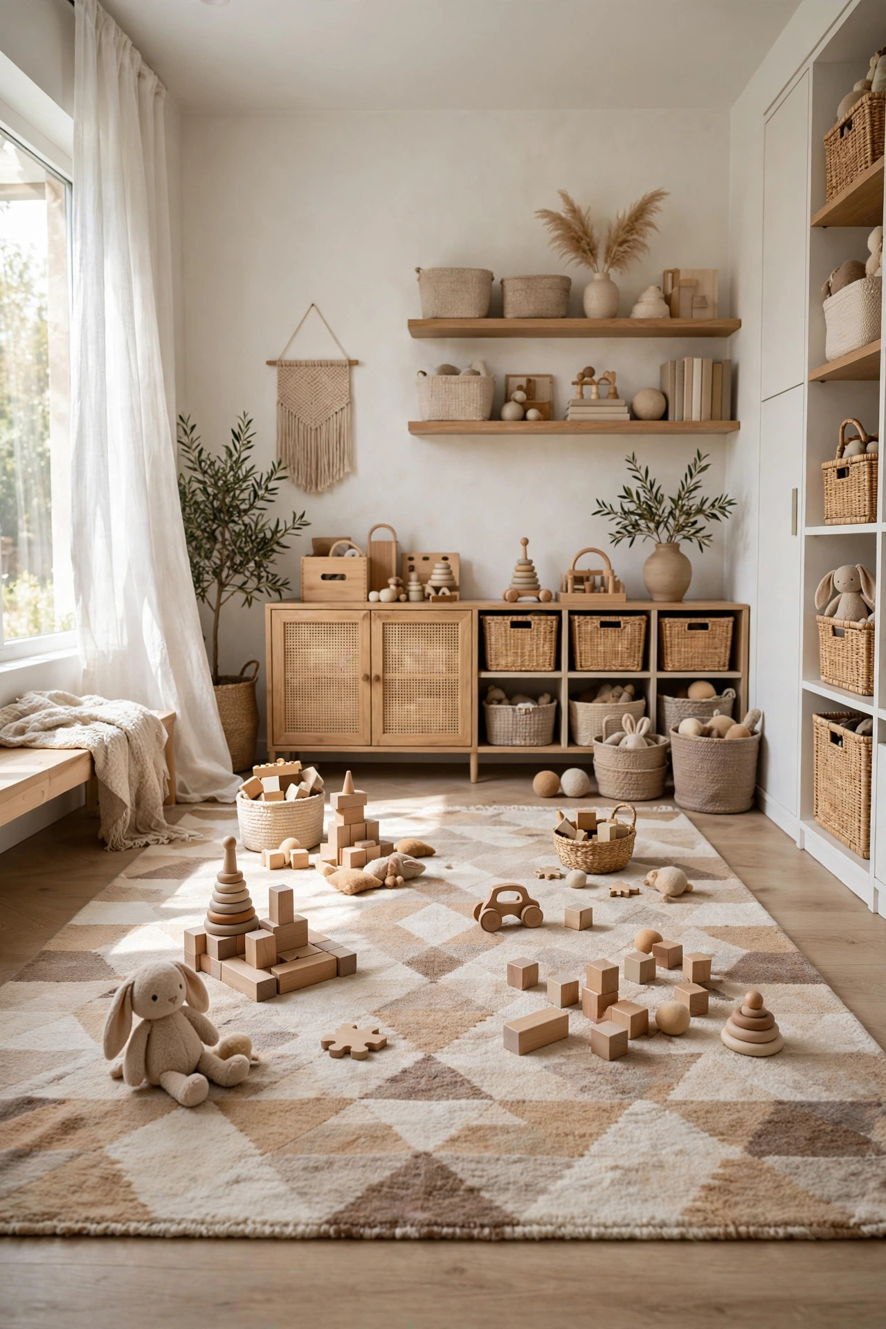 16 Playroom Ideas That Keep the Mess Contained 9 A large soft patterned rug in warm neutrals with toys and blocks arranged on the play area.