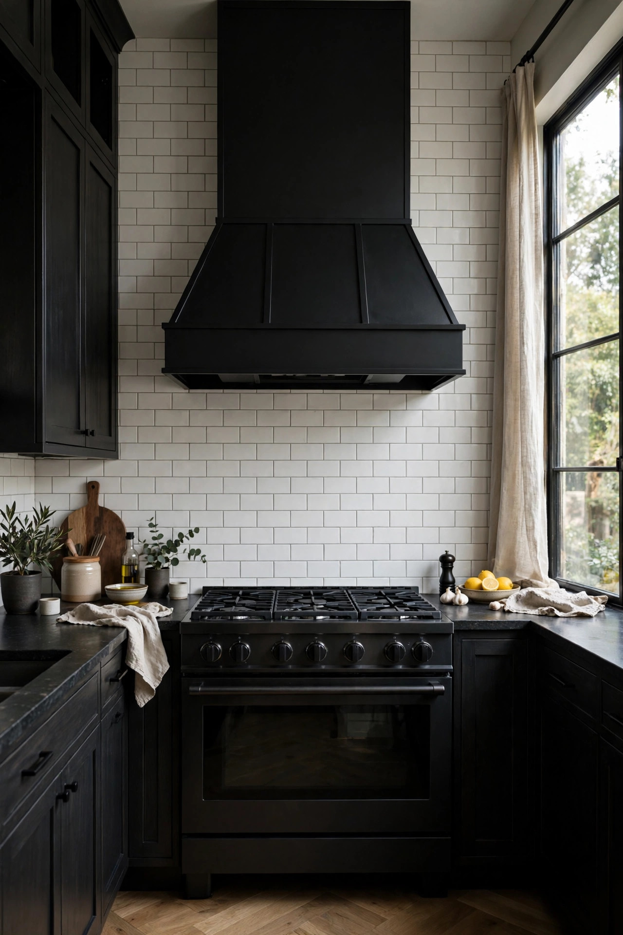 Matte black range hood over a gas range in a dark moody kitchen.